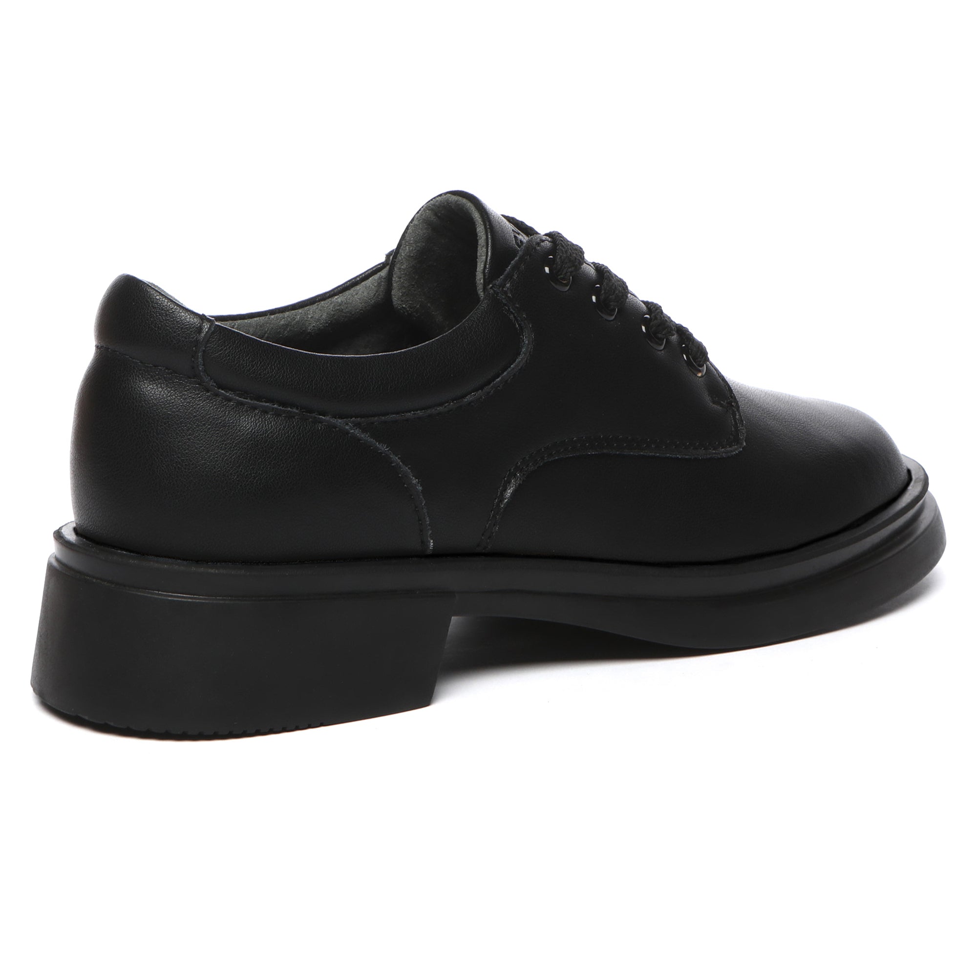 EverUgg senior lace-up school shoes for kids, showing black leather shoes with white soles and laces, suitable for school wear.