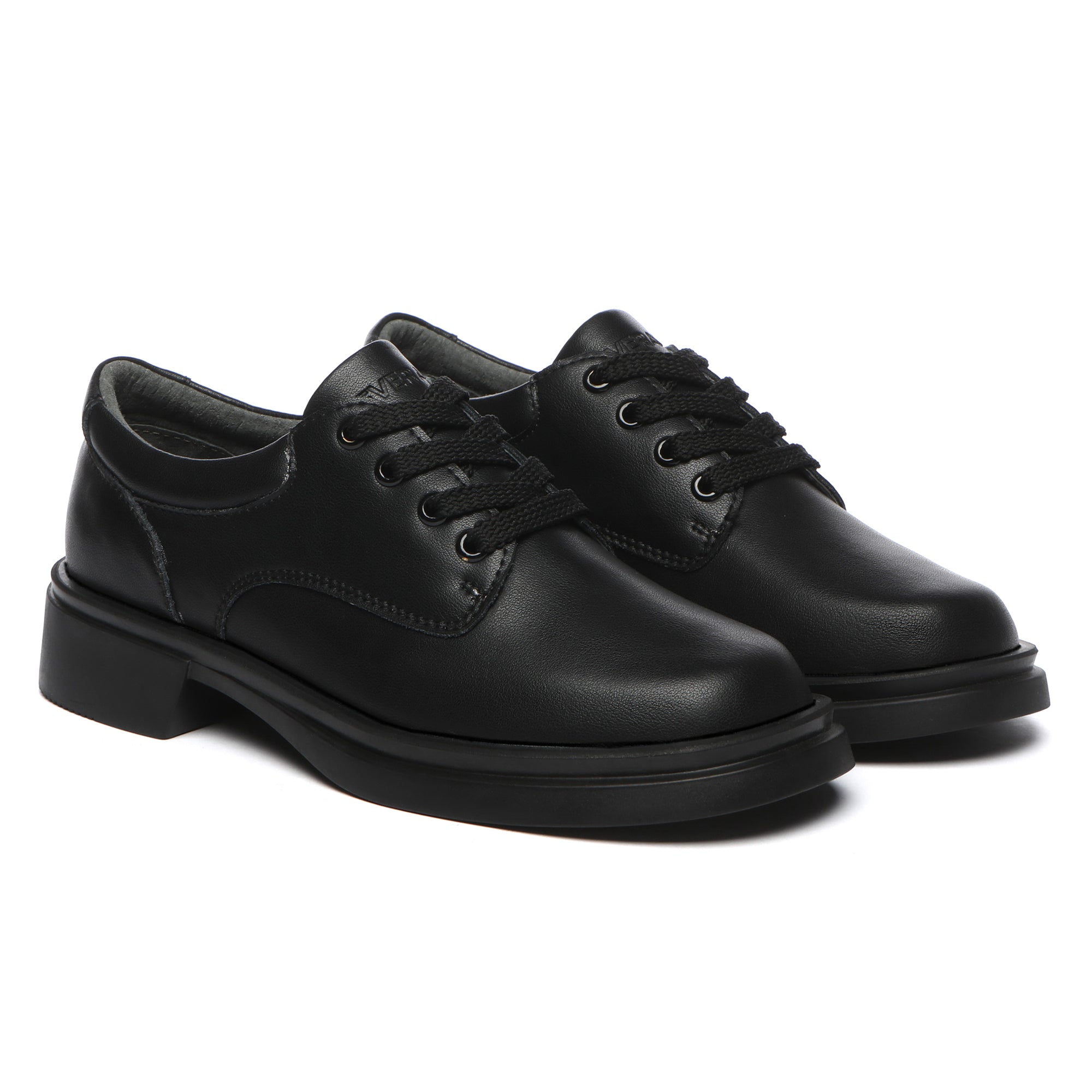EverUgg senior lace-up school shoes for kids, showing black leather shoes with white soles and classic design suitable for school wear.