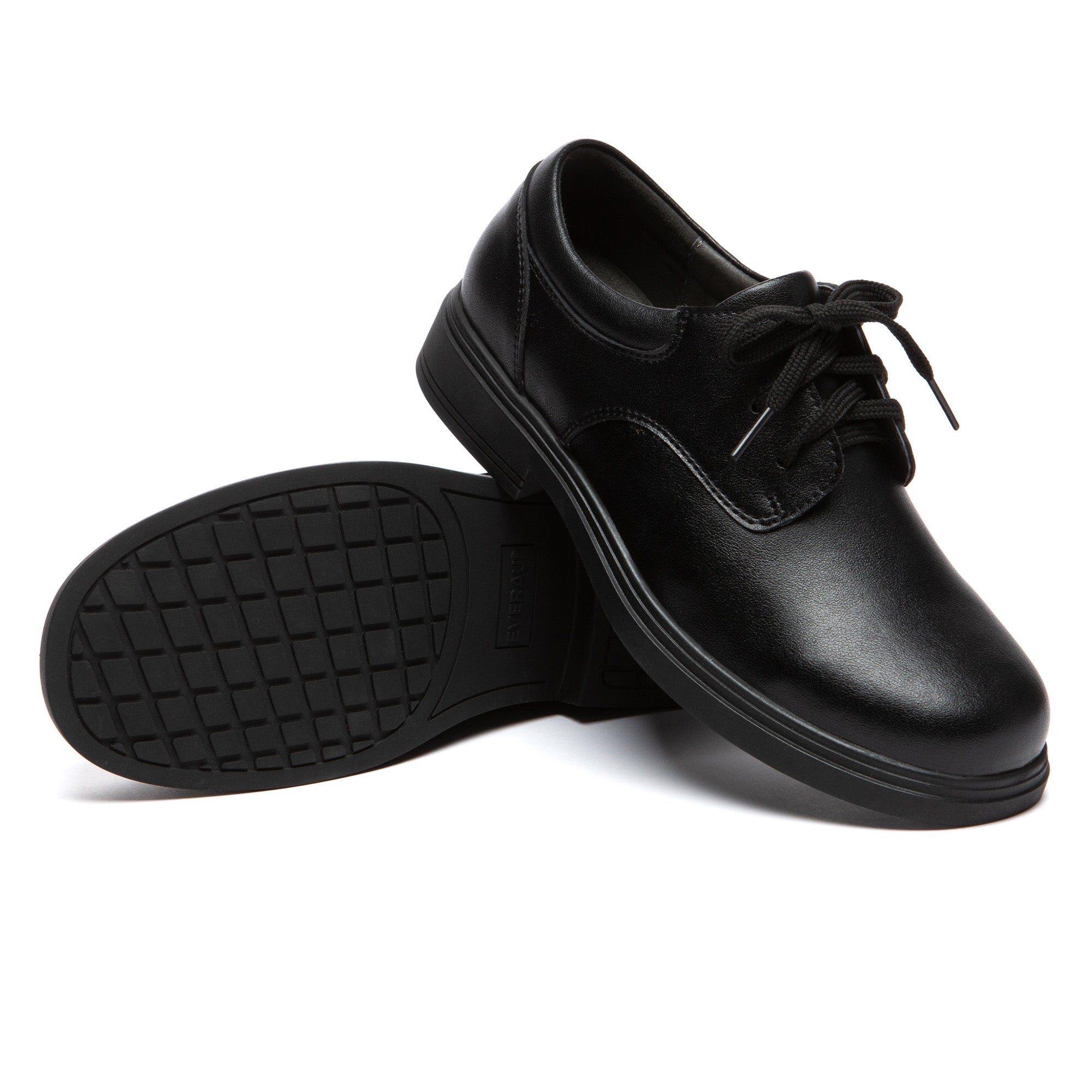 EverUgg senior lace-up school shoes for boys and girls, featuring classic black leather design and sturdy rubber soles.