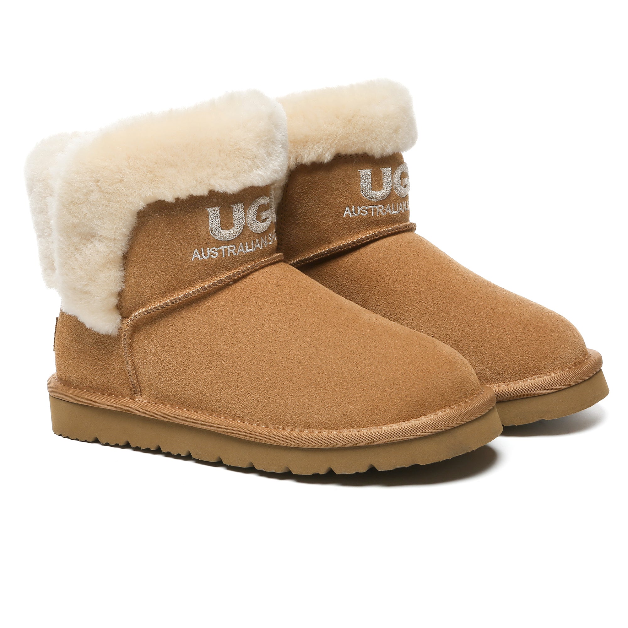 EverUgg shearling ankle mini UGG boots for women with fuzzy shearling lining and suede exterior, stylish winter footwear.