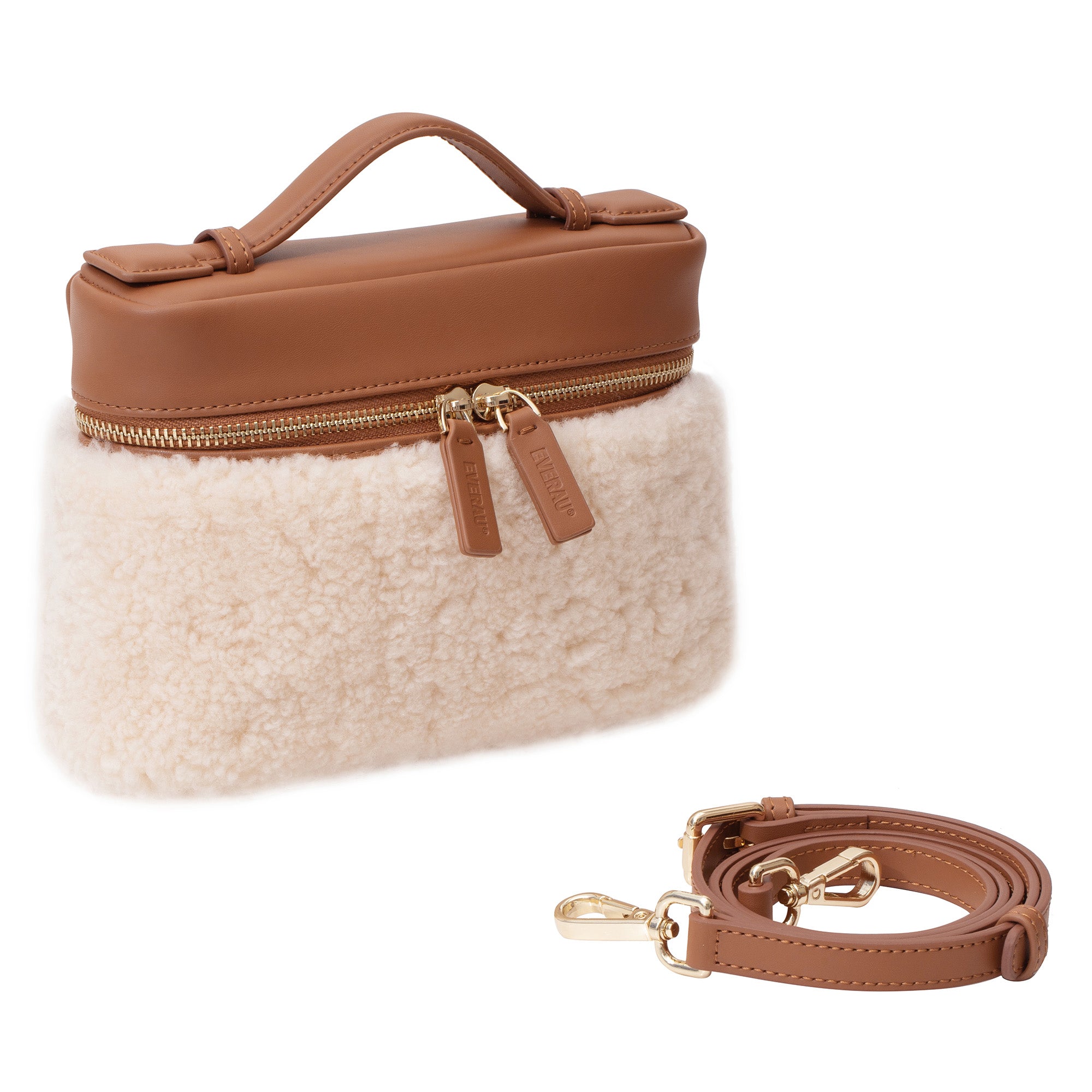 EverUgg shearling fluffy handbag with soft, plush exterior and stylish design, shown in a close-up image.