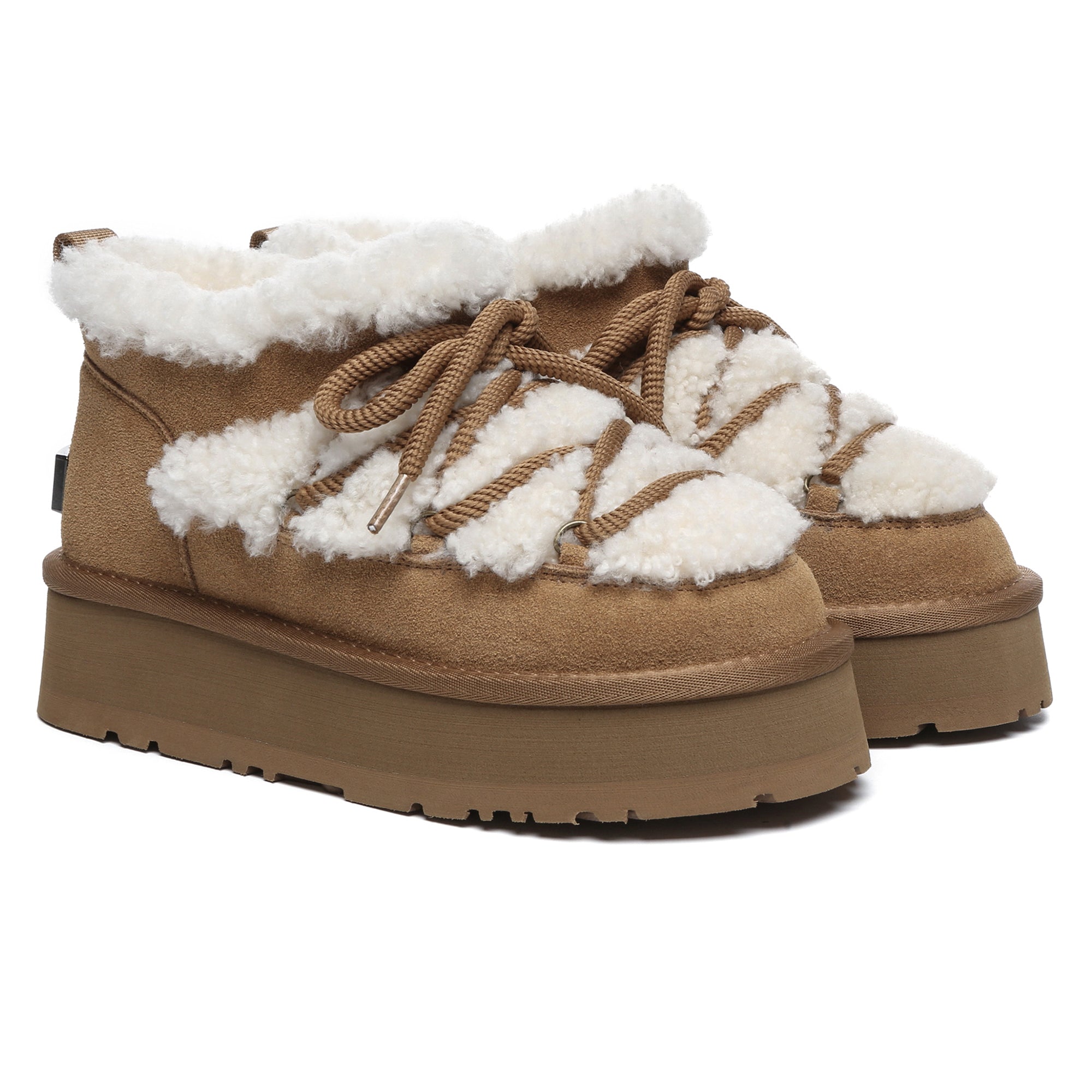 EverUgg shearling lace-up mini platform boots for women featuring a cozy shearling lining and stylish UGG-inspired design.