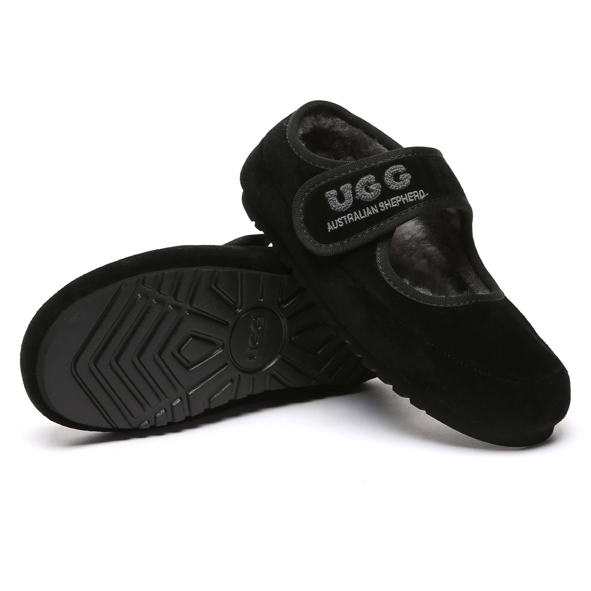EverUgg shearling logo strap UGG slippers for women, featuring soft shearling lining and casual slip-on style.