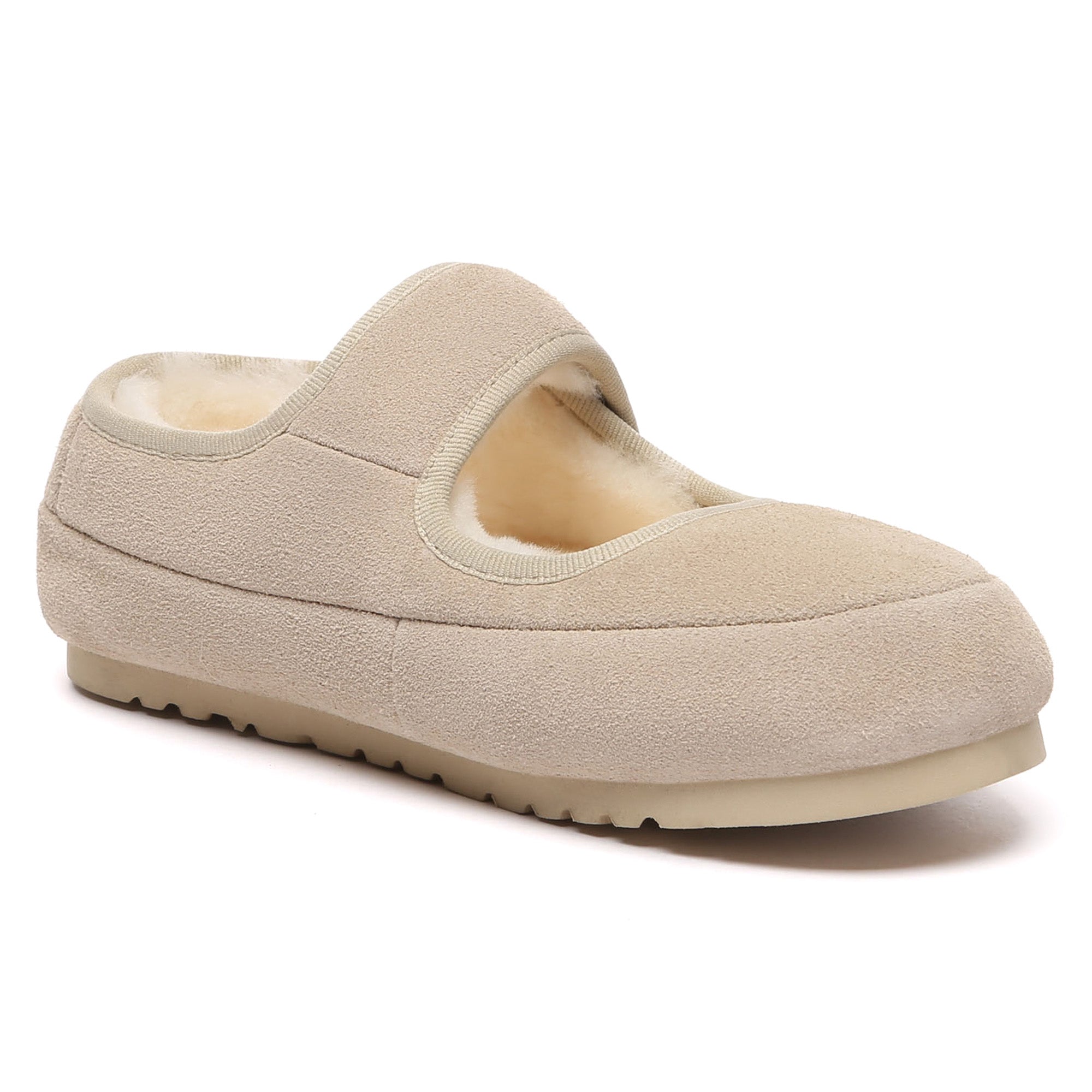 EverUgg shearling logo strap UGG slippers for women, soft sheepskin interior, casual slip-on shoes with branded strap detail.