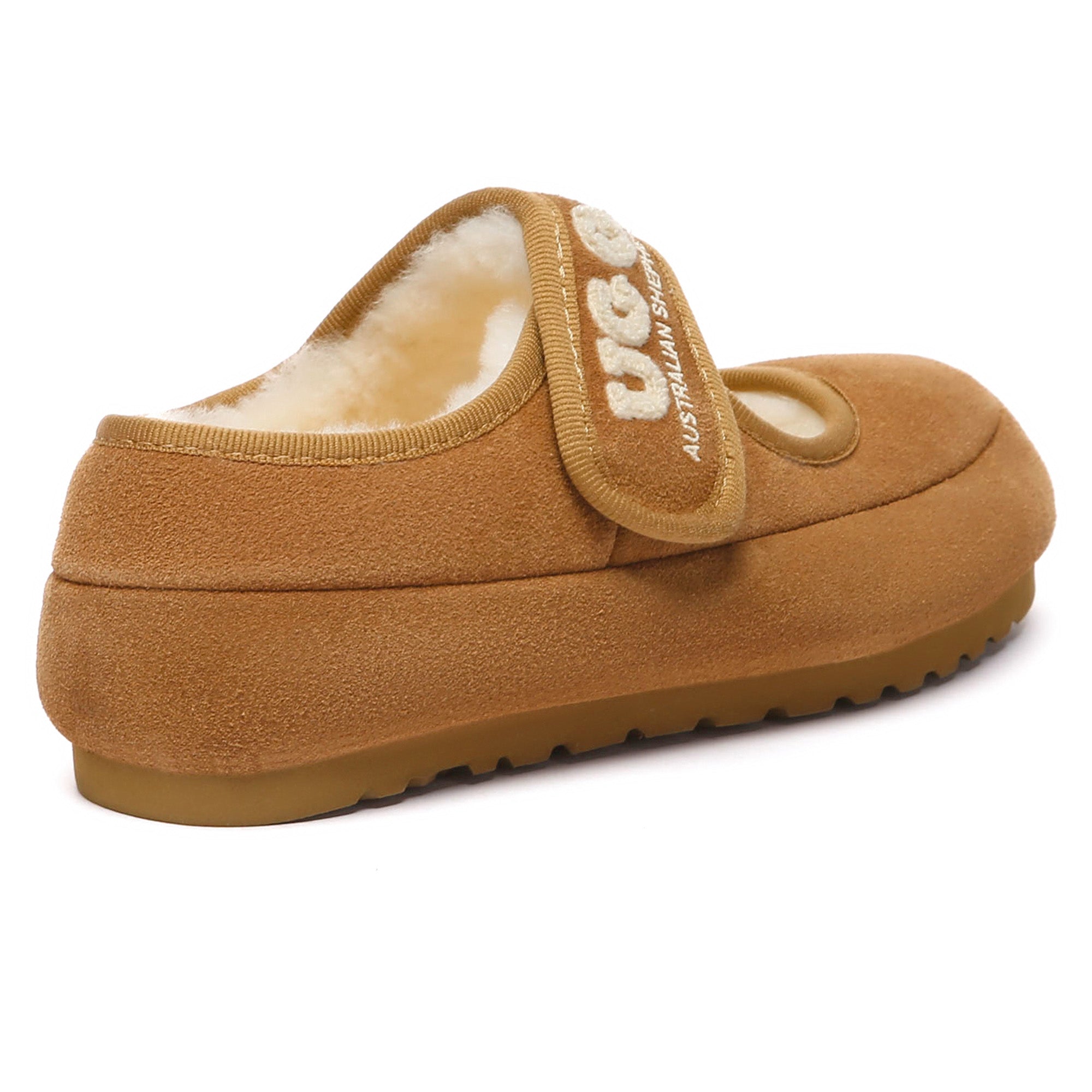 EverUgg shearling logo strap UGG slippers for women featuring plush shearling lining and comfortable slip-on design.