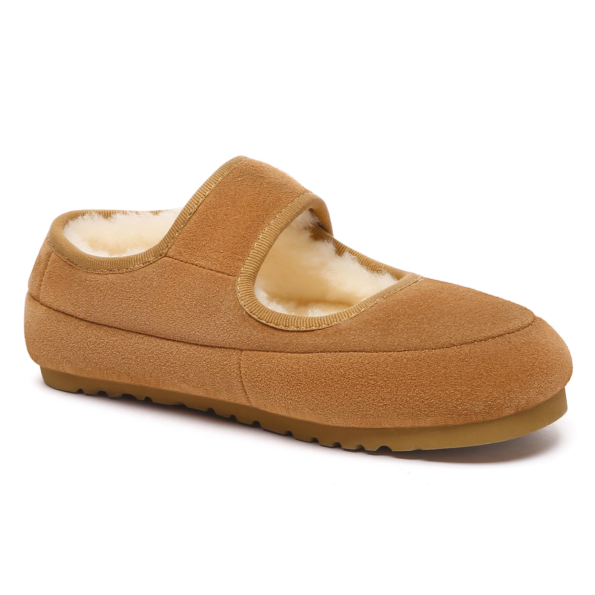 EverUgg shearling logo strap UGG slippers for women, featuring soft shearling lining and stylish strap design.