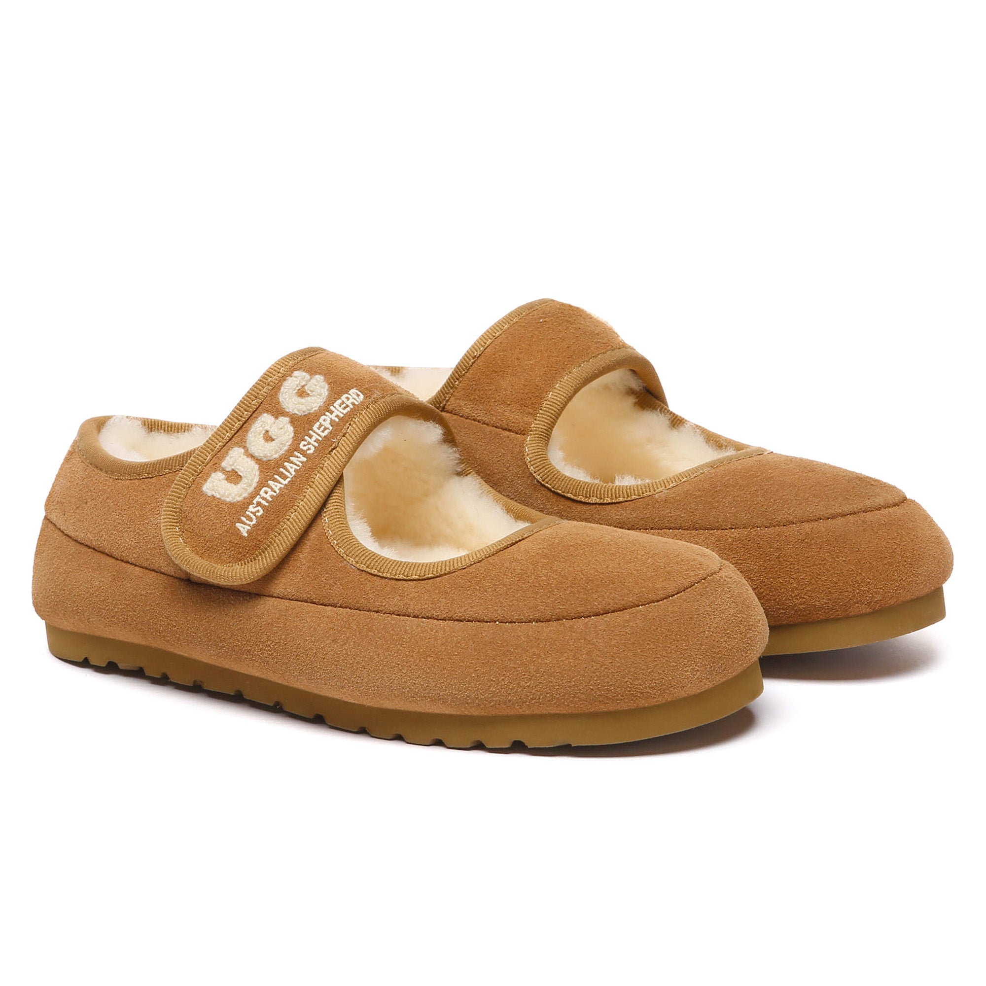 EverUgg shearling logo strap UGG slippers for women, featuring soft sheepskin lining and stylish slip-on design.