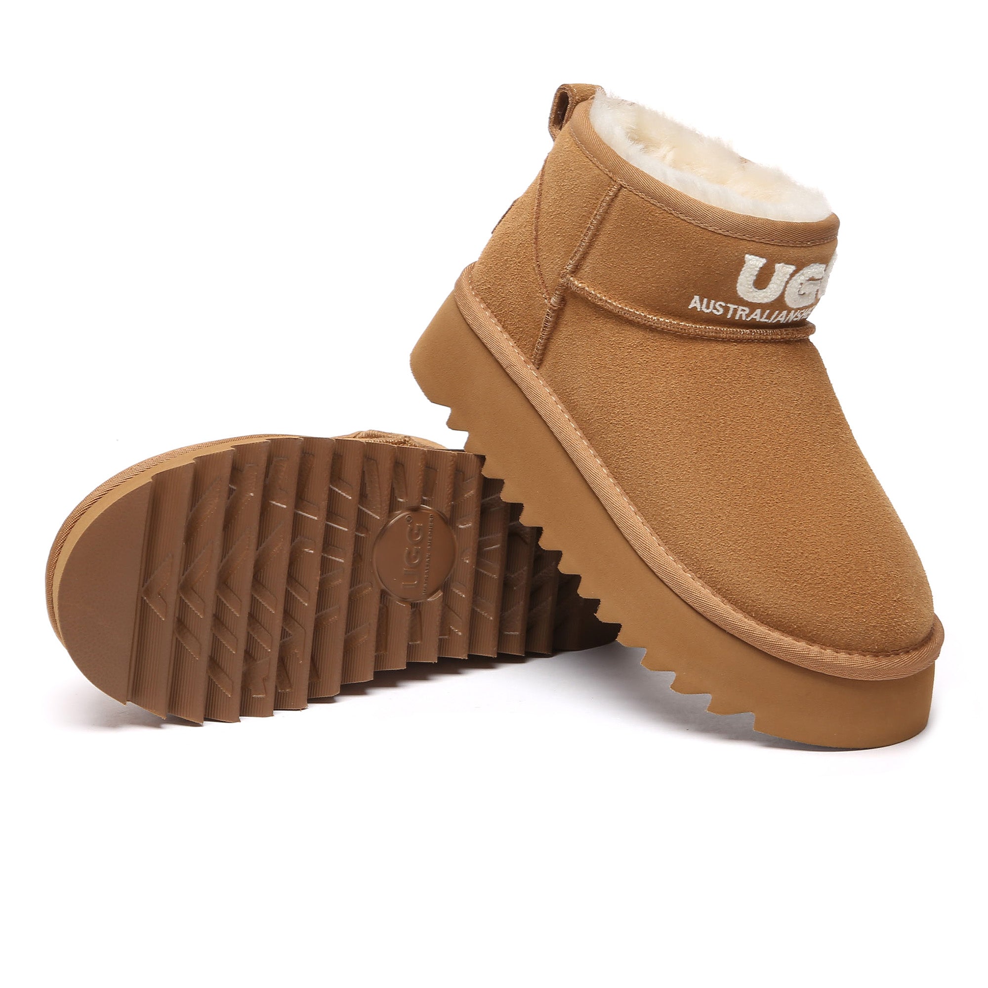 EverUgg shearling logo ultra mini platform UGG boots for women, showing the cozy shearling lining and stylish design.