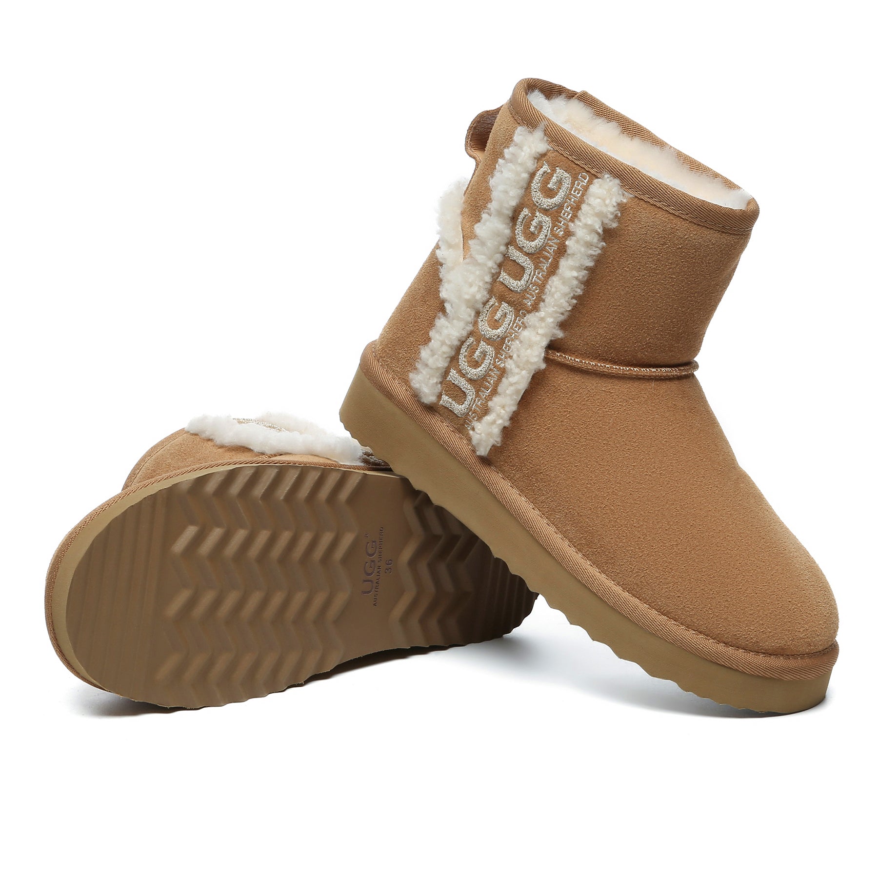 EverUgg shearling wool side mini UGG boots for women with plush shearling lining and tan suede exterior.