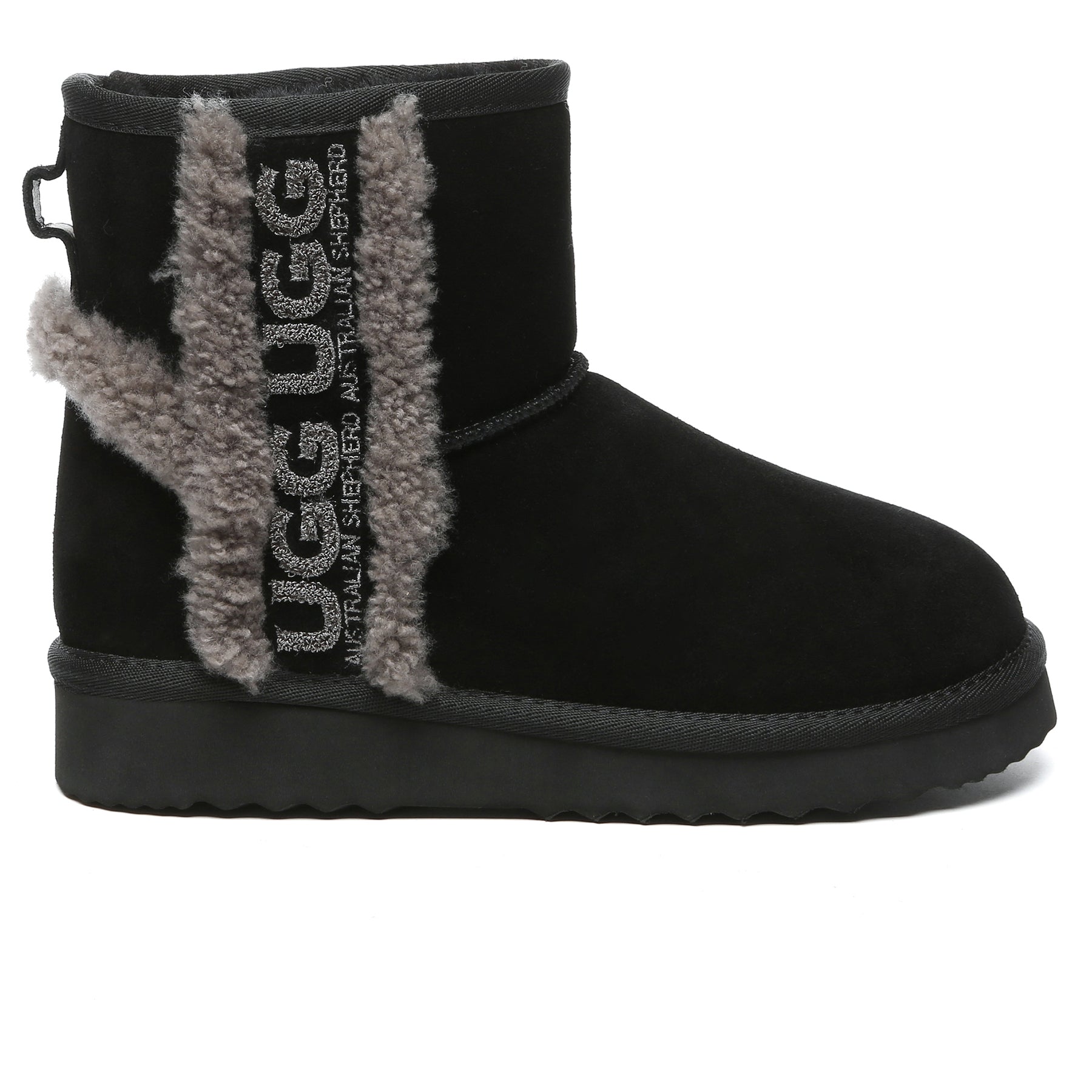 Black shearling wool side mini UGG boots for women featuring cozy interior and stylish ankle-height design by EverUgg.