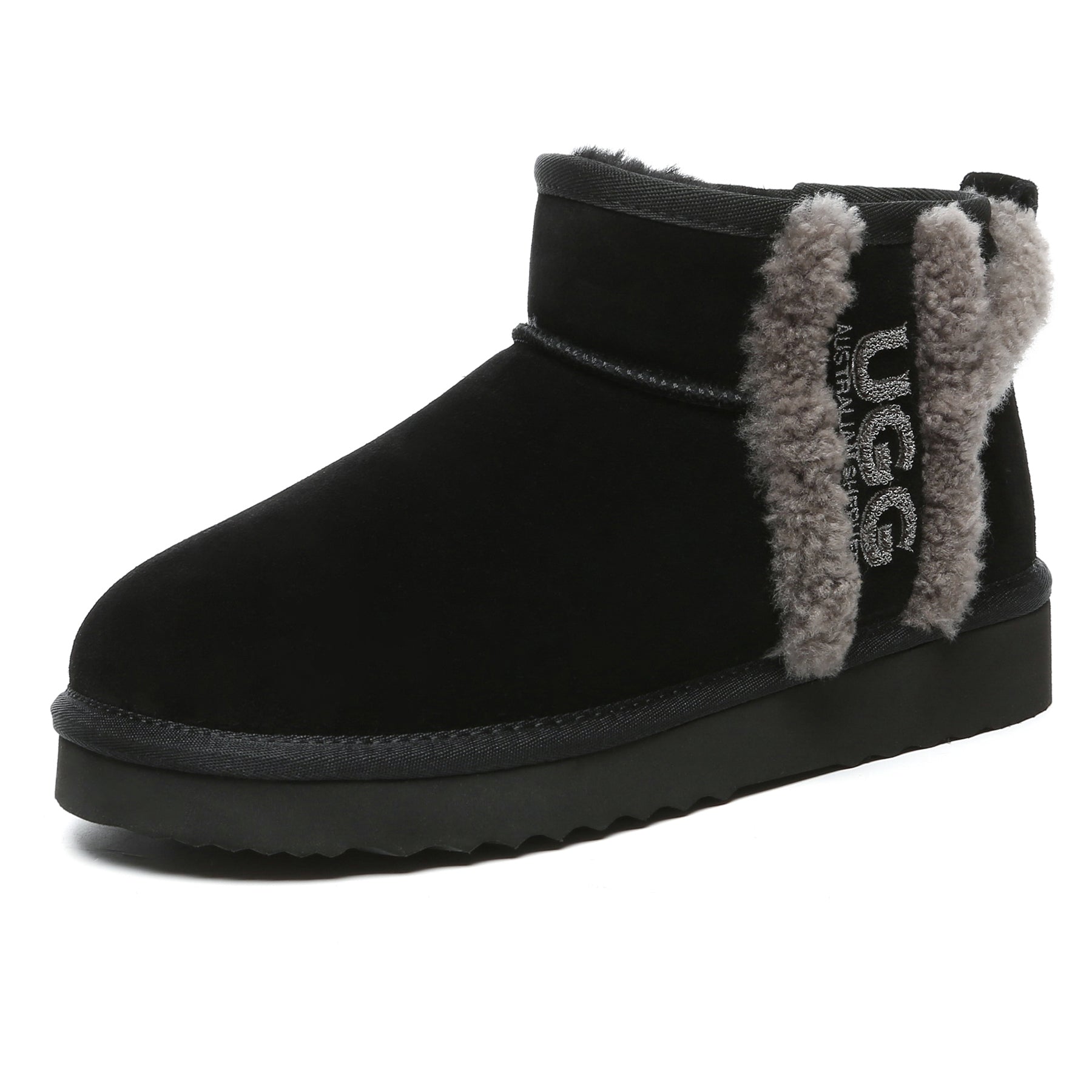 Black EverUgg shearling wool side ultra mini UGG boots for women, featuring a cozy shearling interior and stylish design.