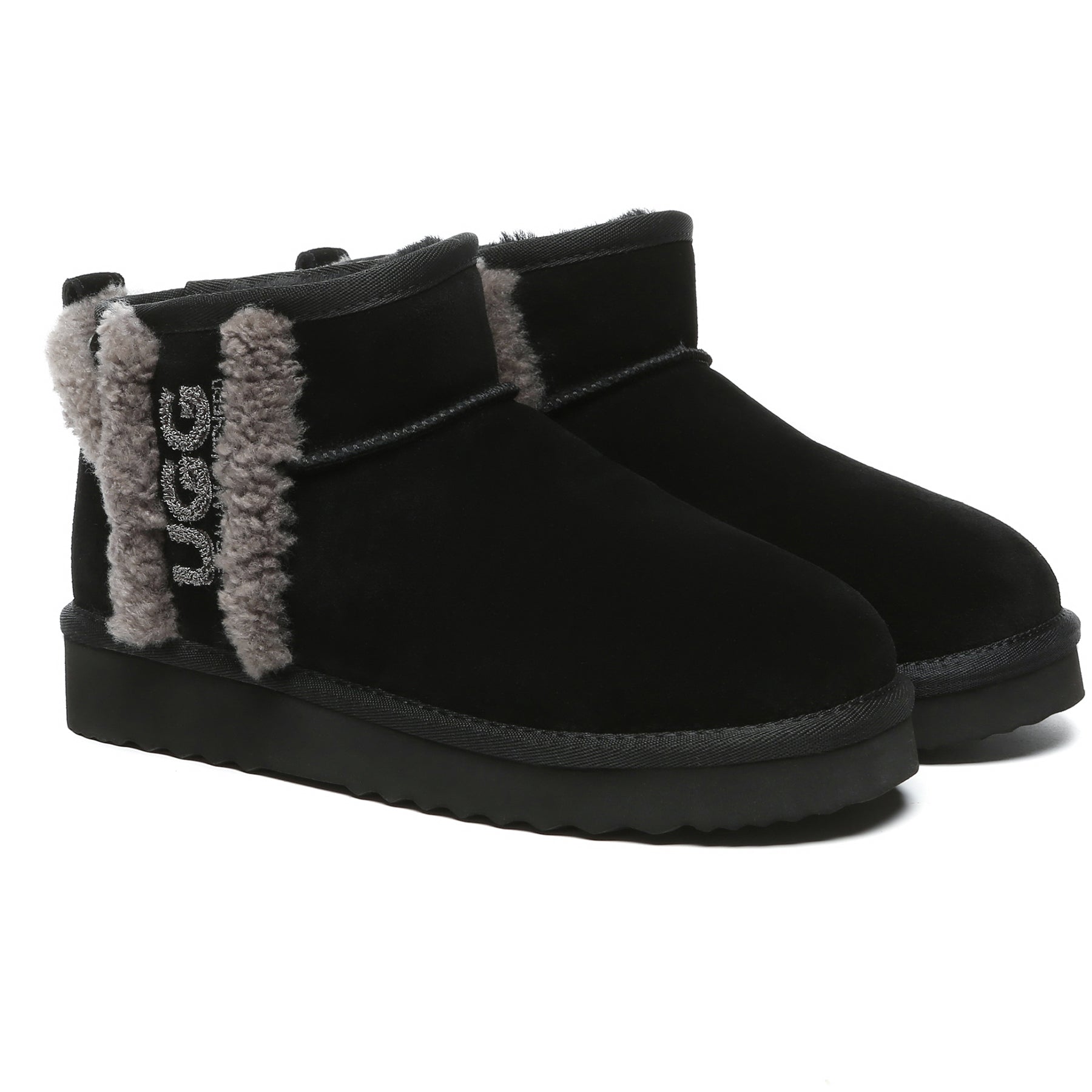 Black Shearling Wool Side Ultra Mini UGG Boots for women by EverUgg, showing the cozy shearling interior and sleek exterior.