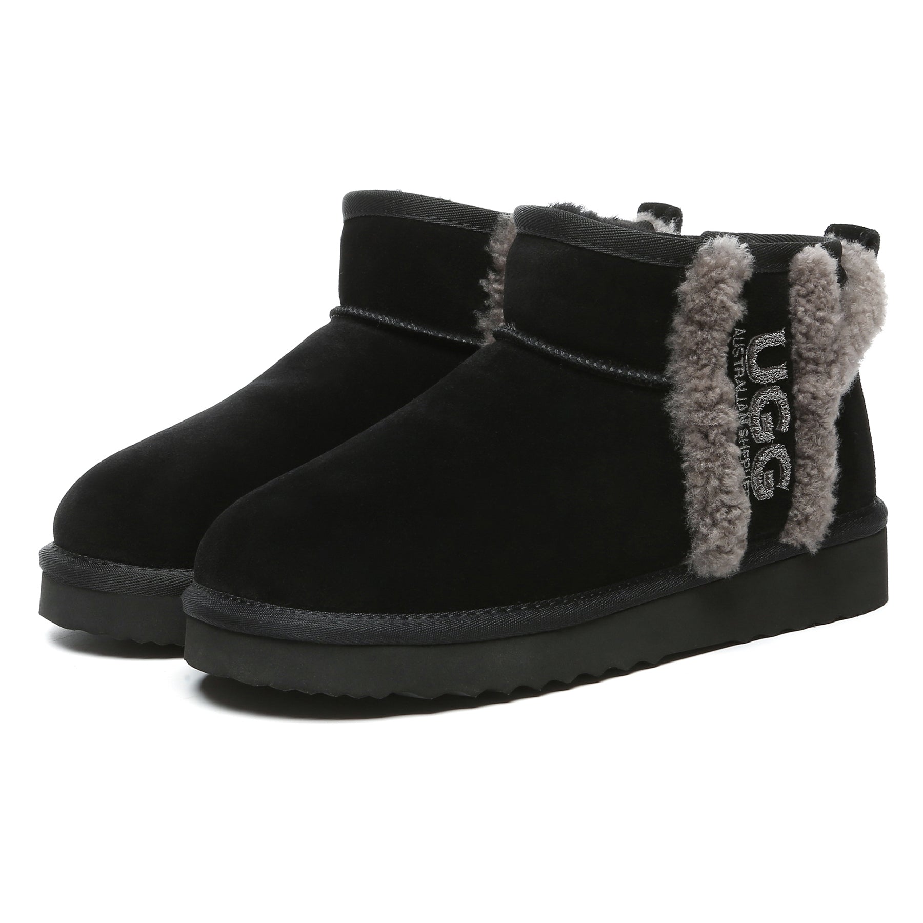 Black shearling wool side ultra mini UGG boots for women by EverUgg, showcasing cozy shearling lining and sleek design.