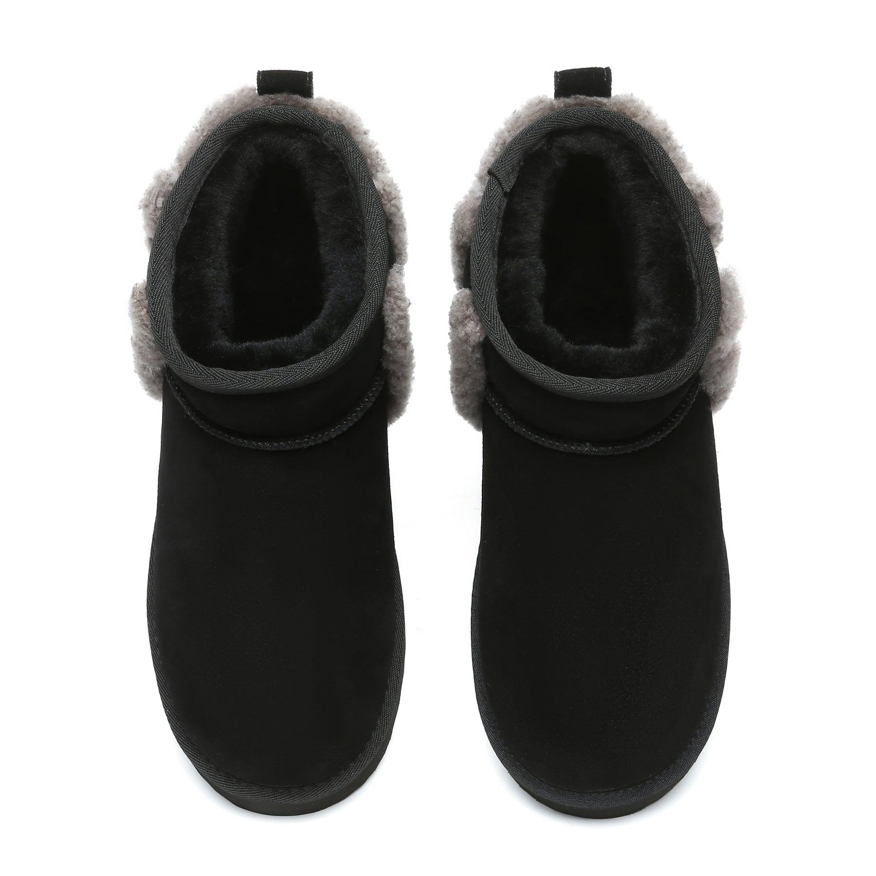 Black EverUgg shearling wool side ultra mini UGG boots for women, showcasing the stylish exterior and cozy design.