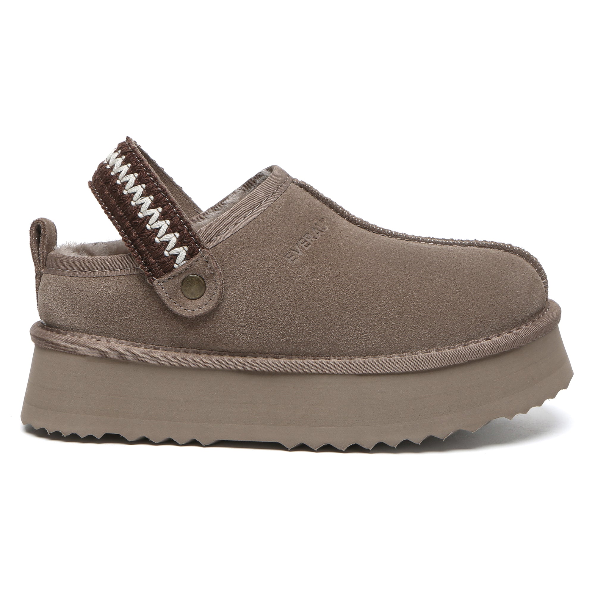 EverUgg slingback knitted platform slippers for women, featuring a cozy knit upper and chunky platform sole, shown in a side view.