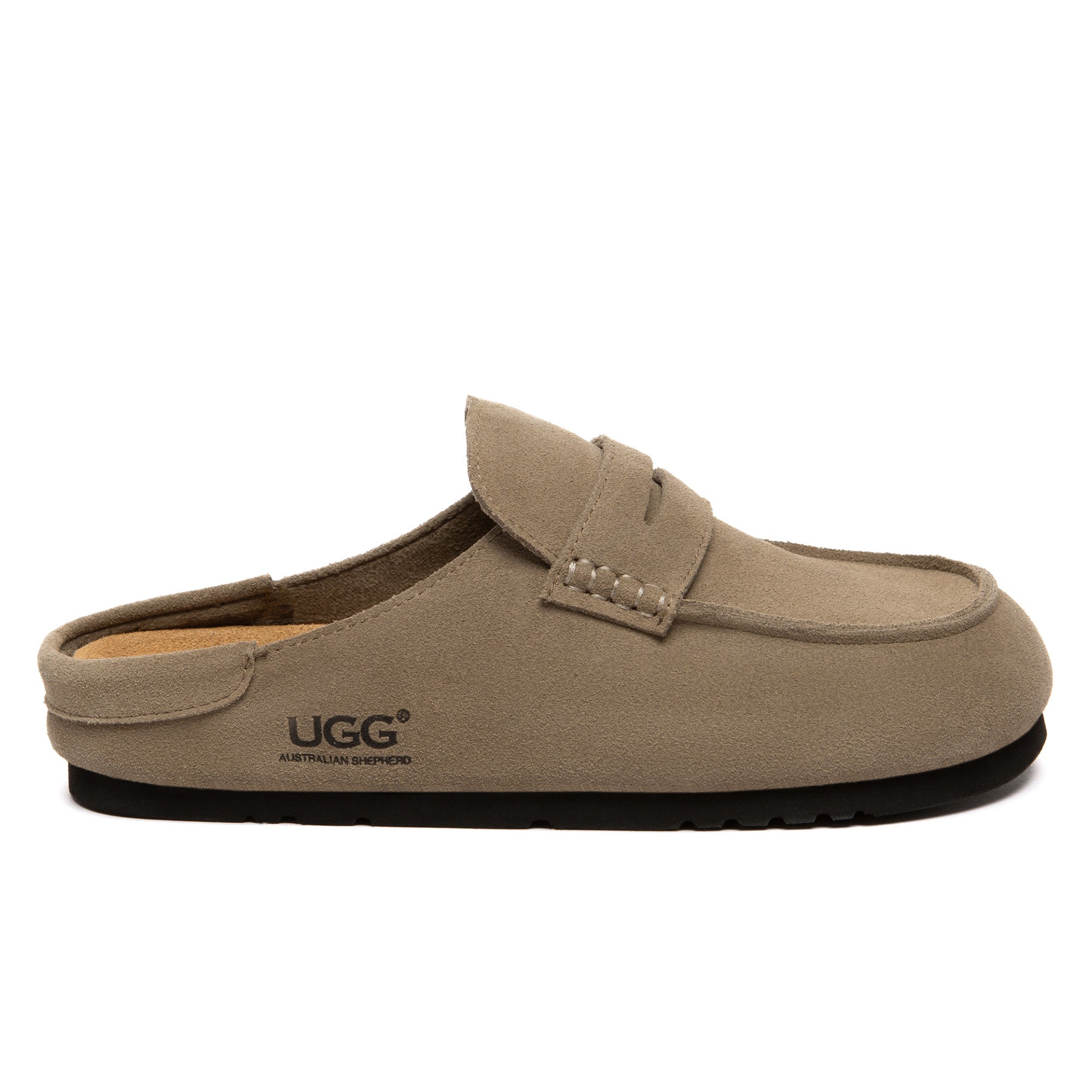 EverUgg Slip-On Birkie Mule UGG slippers with plush lining and tan suede exterior, casual slip-on design for cozy comfort.