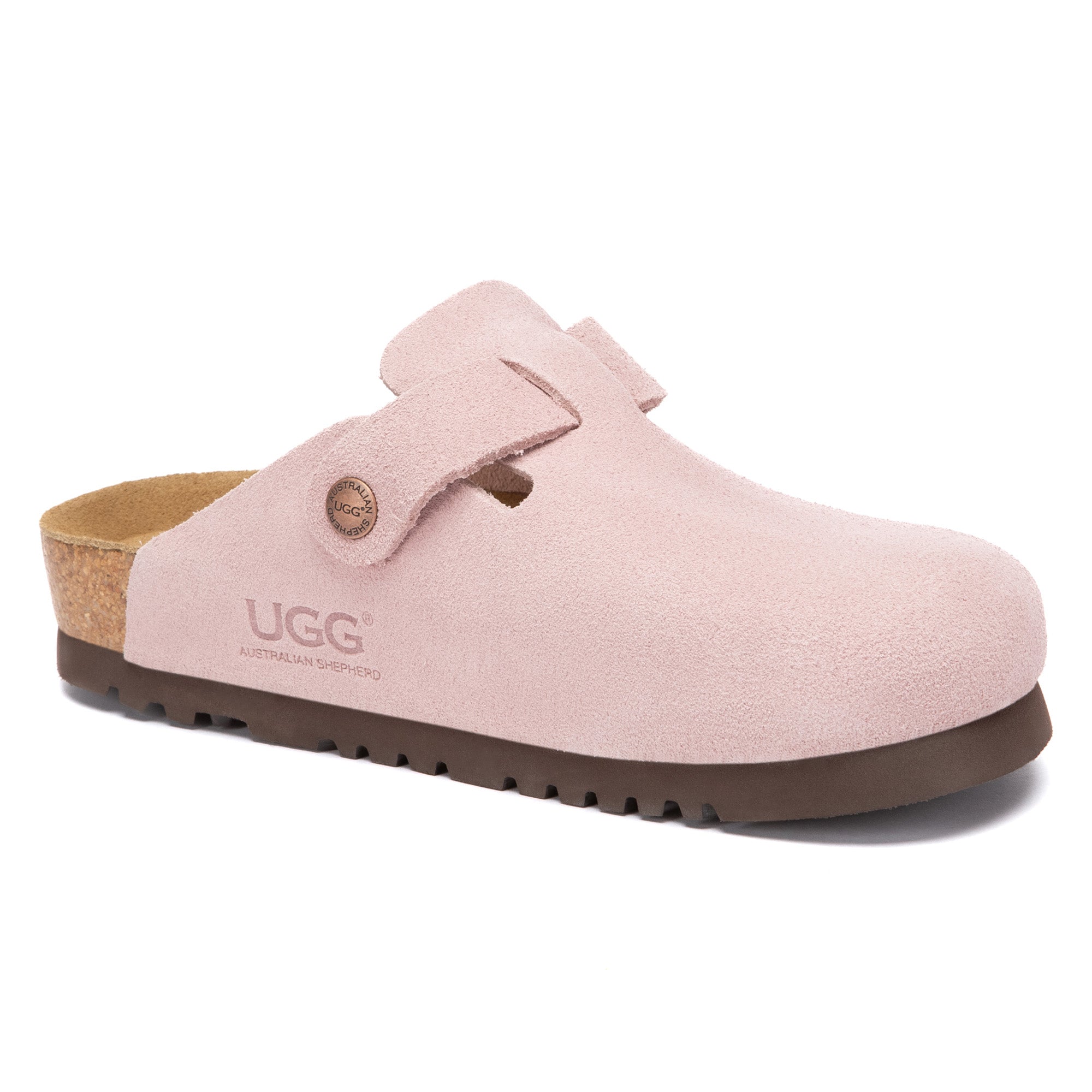 EverUgg Birkie Suede Buckle Clogs slippers with buckle detail and suede material, shown in a stylish indoor setting.