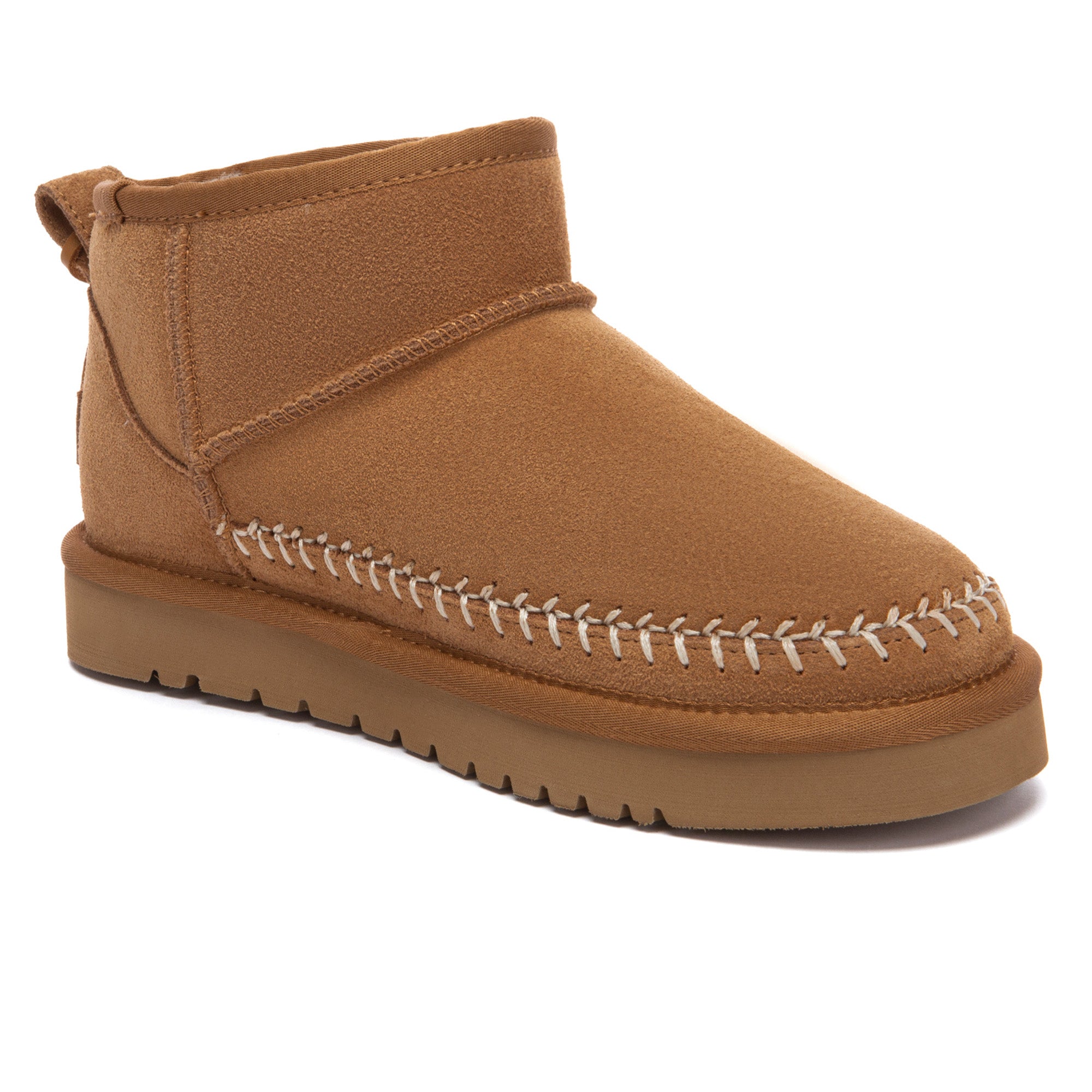 Close-up of Stitch Ultra Mini EverUgg UGG boots showing soft suede material and cozy interior lining.