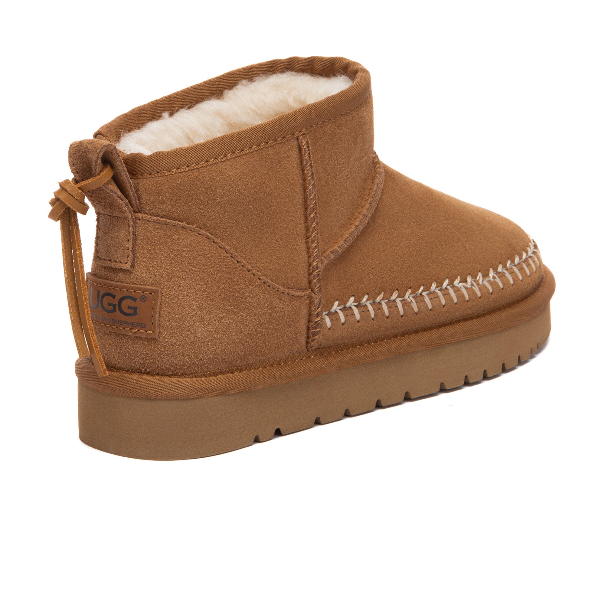 EverUgg Stitch Ultra Mini UGG Boots in plush suede with cozy shearling lining, featuring stylish stitch details and ankle height.