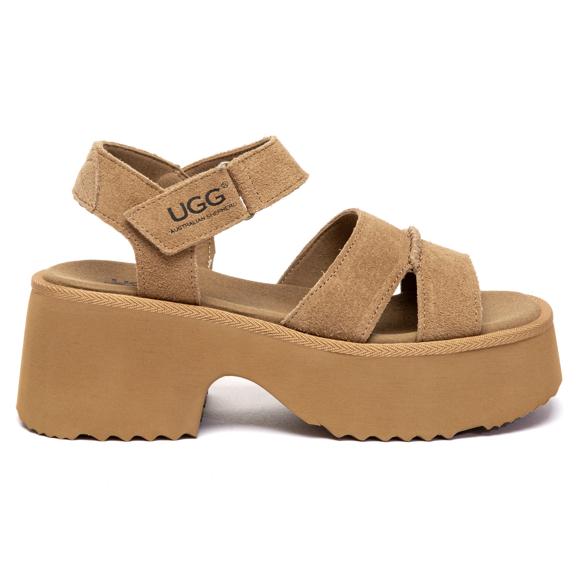 EverUgg strap slingback chunky platform slippers with open toes and adjustable ankle strap, featuring a beige color and textured sole.