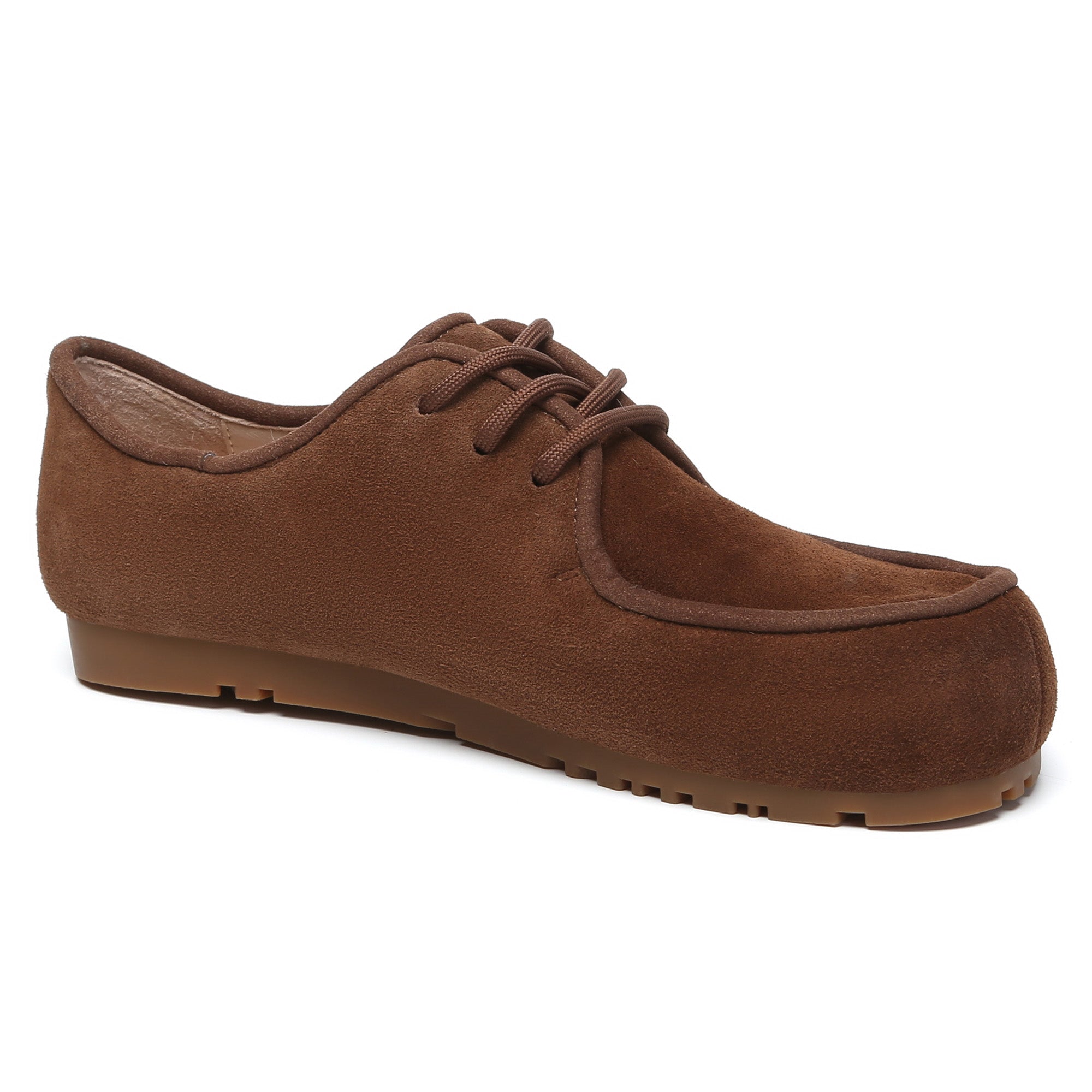 EverUgg suede leather casual lace-up shoes showing stylish tan shoes with white soles and laced front design.