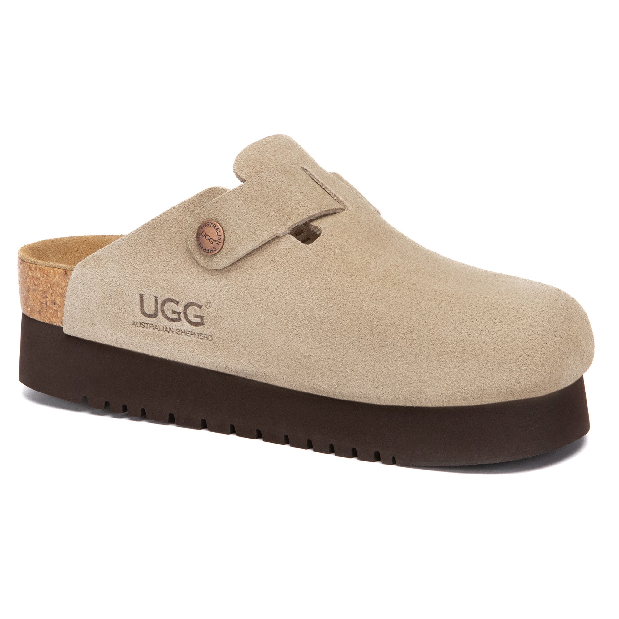 EverUgg Birkie Suede Buckle Platform Clogs slippers with buckle detail and platform sole, shown in a close-up view.