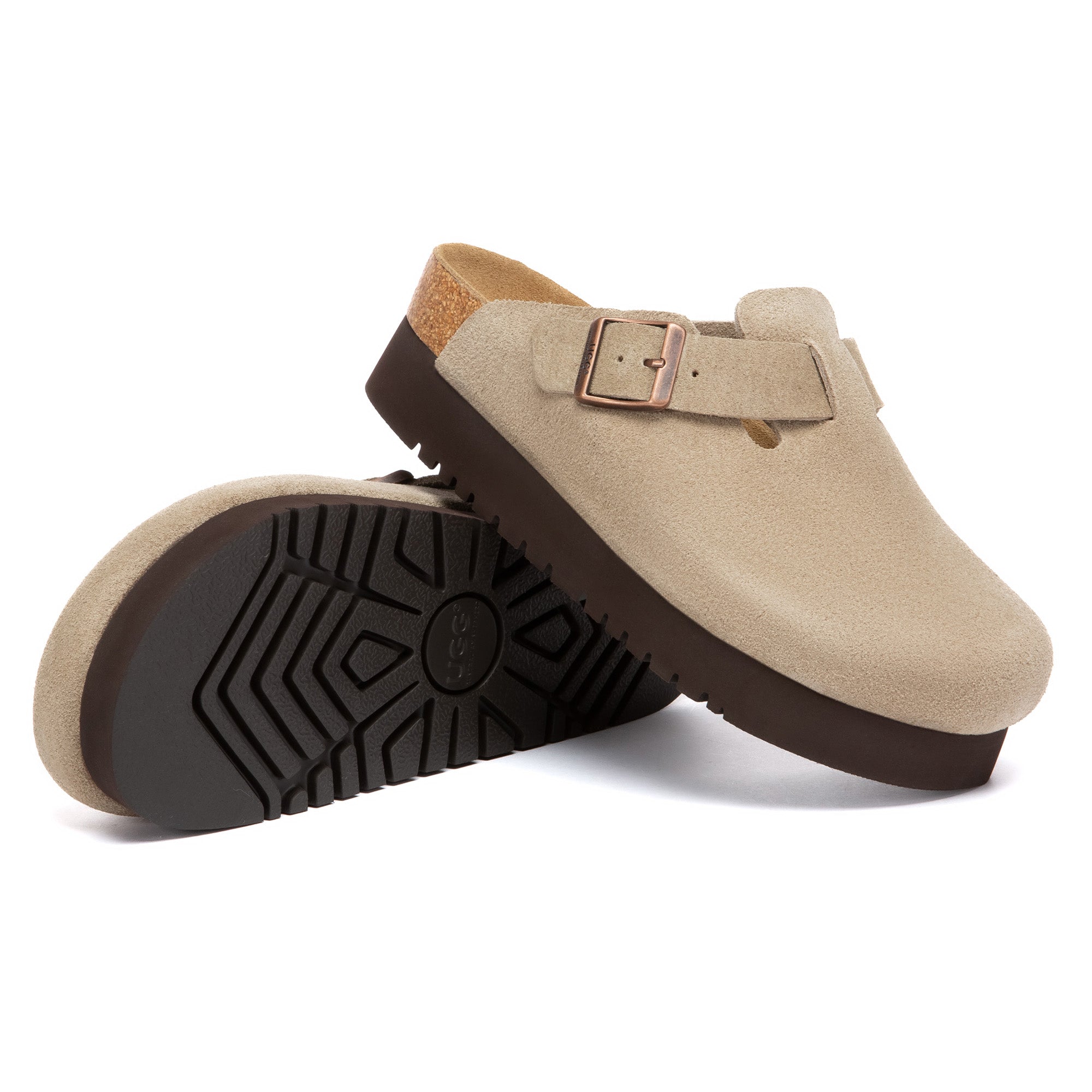 EverUgg Birkie Suede Buckle Platform Clogs slip-on slippers with buckle detail and elevated sole in tan suede.