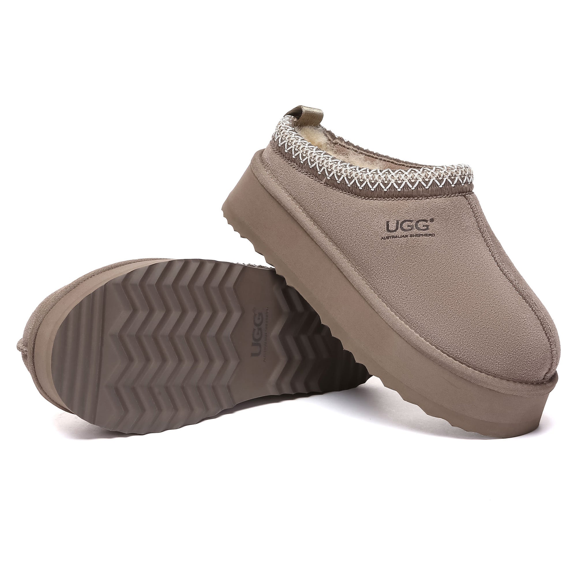 Multicolor Tazman UGG platform slippers for women with plush interior and slip-on design, featuring vibrant patterns and comfortable soles.
