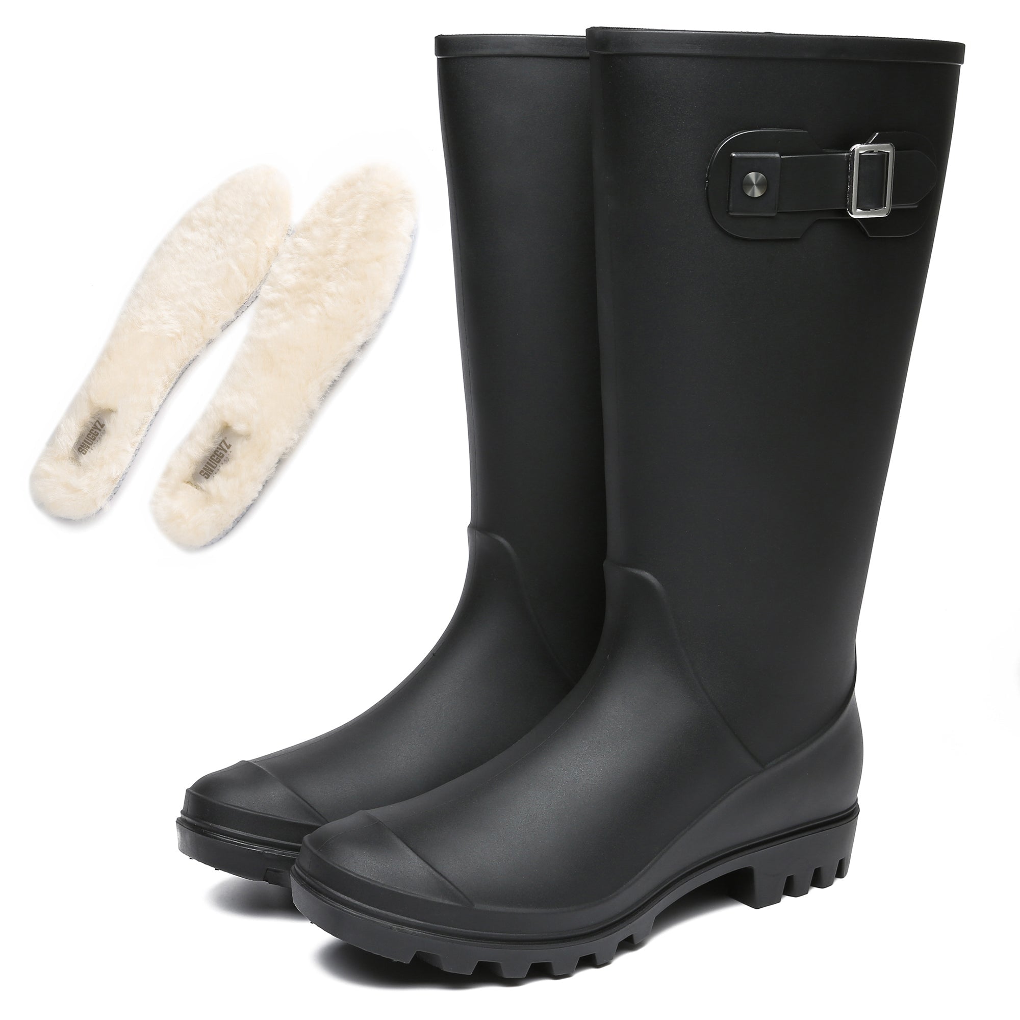 Snuggyz tall sheepskin insole for UGG rain boots, showing the plush sheepskin lining inside stylish waterproof fashion boots for women.
