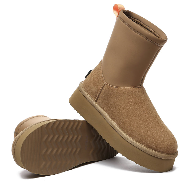 EverUgg Tasman Platform UGG Boots for women, stylish chestnut leather shoes with chunky soles and cozy fur lining.