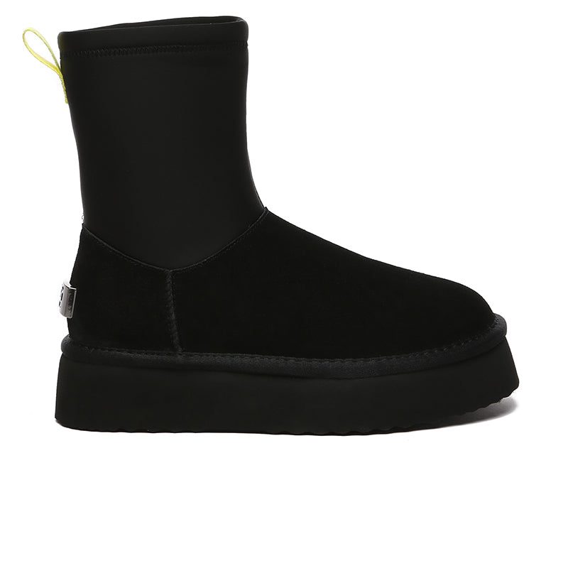 Black Tasman Platform UGG boots for women by EverUgg, showcasing the stylish, cozy shoe design with a platform sole.