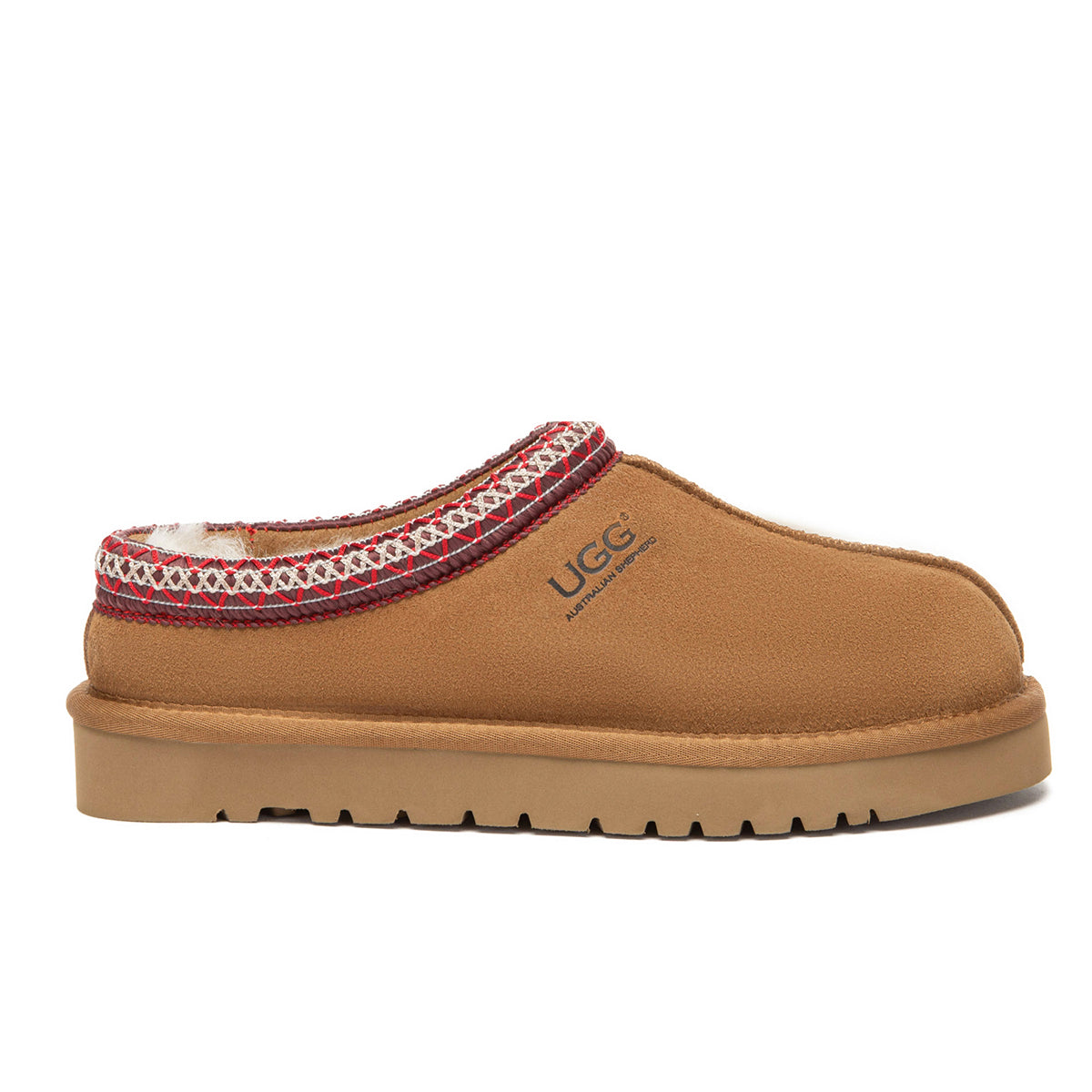 EverUgg Tazman Classic Color Mid Platform UGG Slippers in chest red with plush interior and thick sole for comfort.