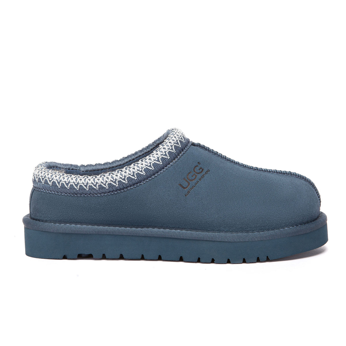 EverUgg Tazman Special Color Mid Platform UGG slippers in denim blue, showcasing plush interior and stylish design.
