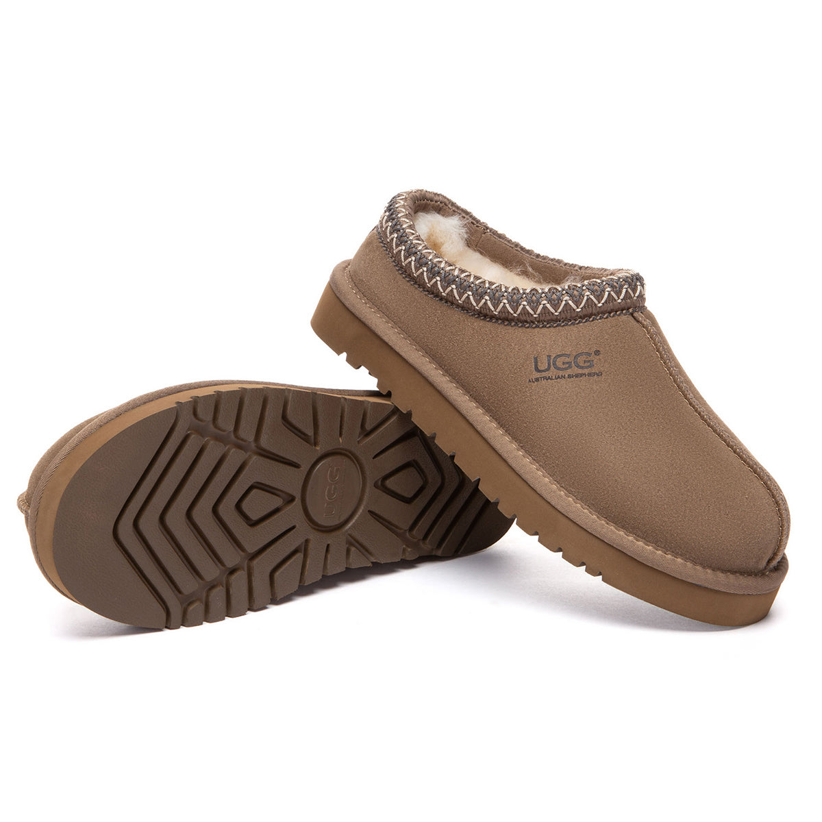 EverUgg Tazman Special Color mid platform UGG slippers in olive green with plush lining and slip-on design.