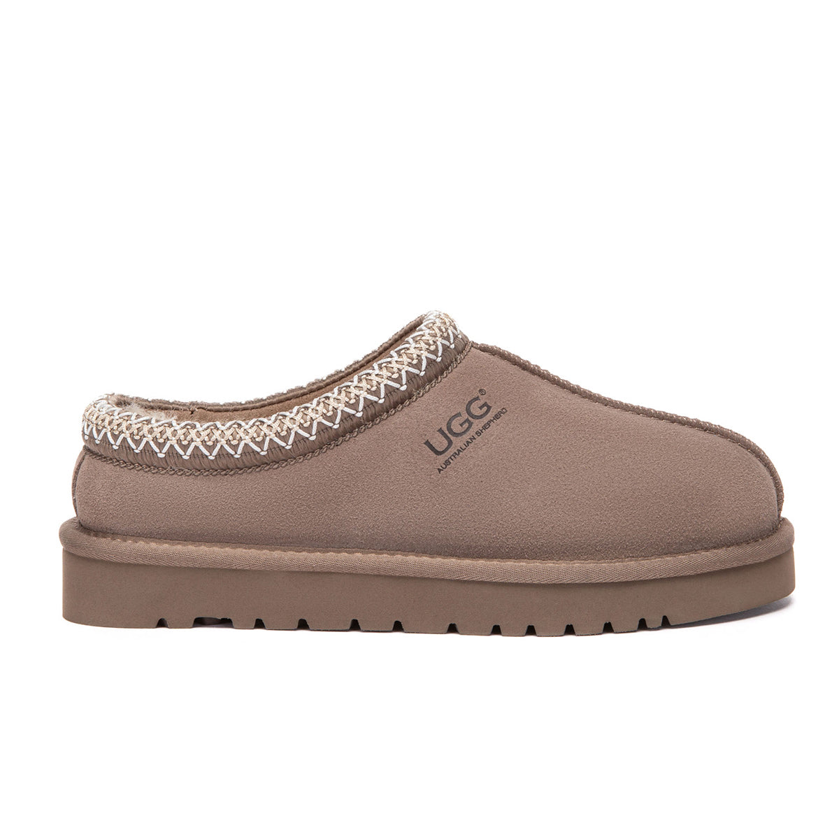 EverUgg Tazman Special Color mid platform UGG slippers in taupe with plush interior and slip-on design.
