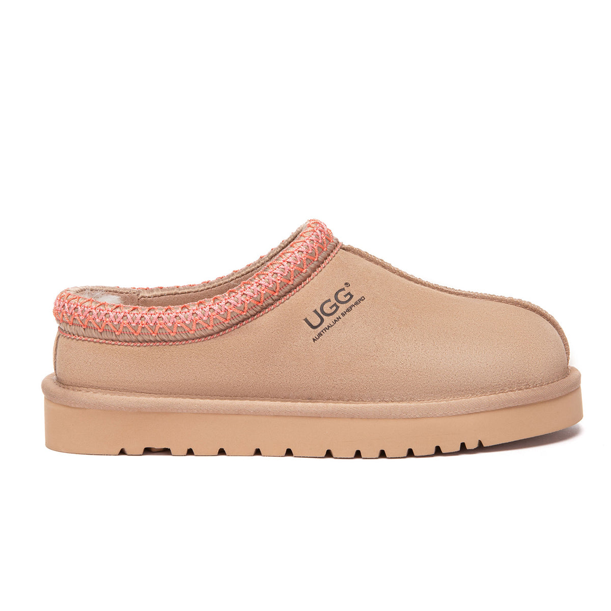 Blush pink Tazman Special Color mid platform UGG slippers by EverUgg showing soft suede material and cozy design.
