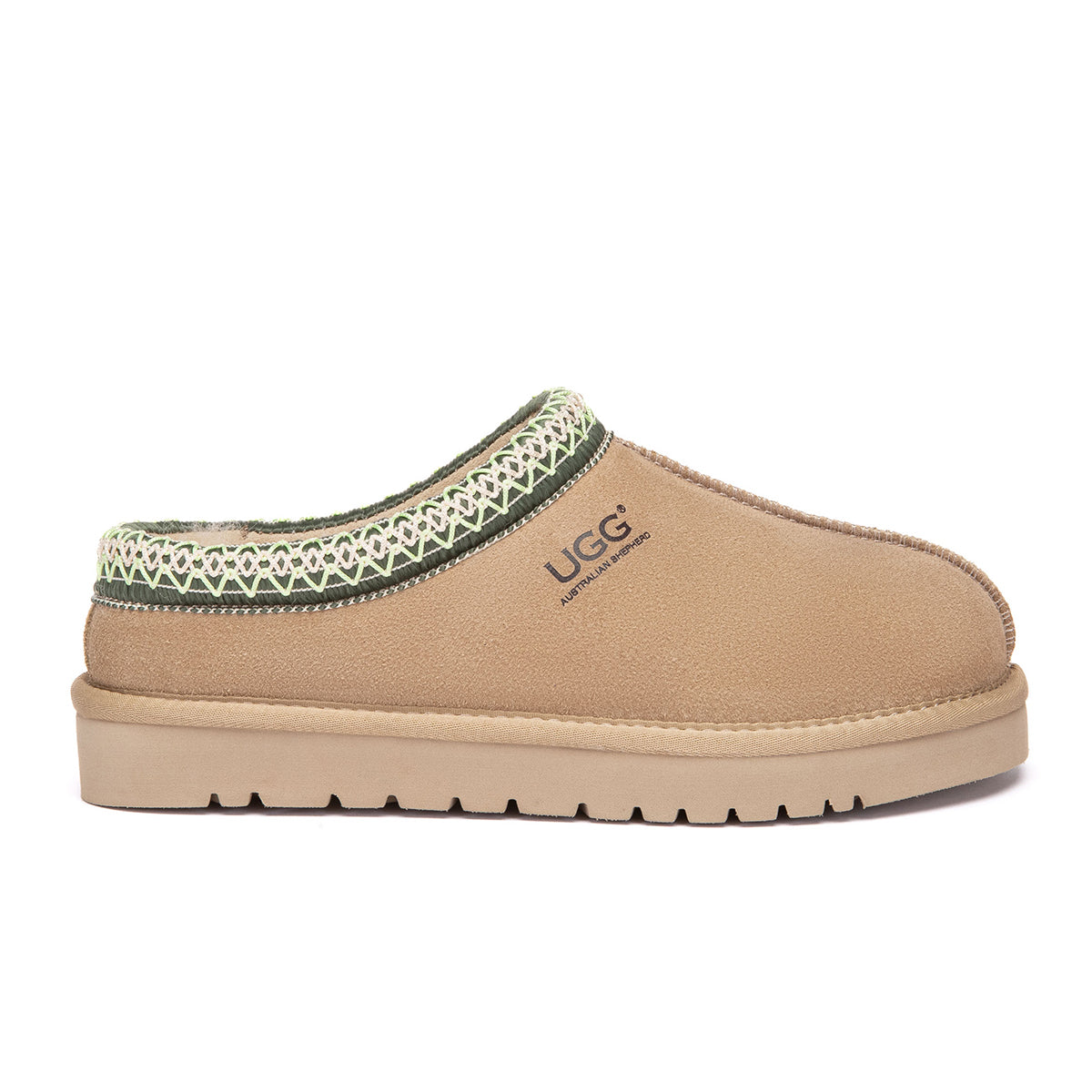 EverUgg Tazman Special Color Mid Platform UGG slippers in sandlime, featuring plush interior and stylish slip-on design.