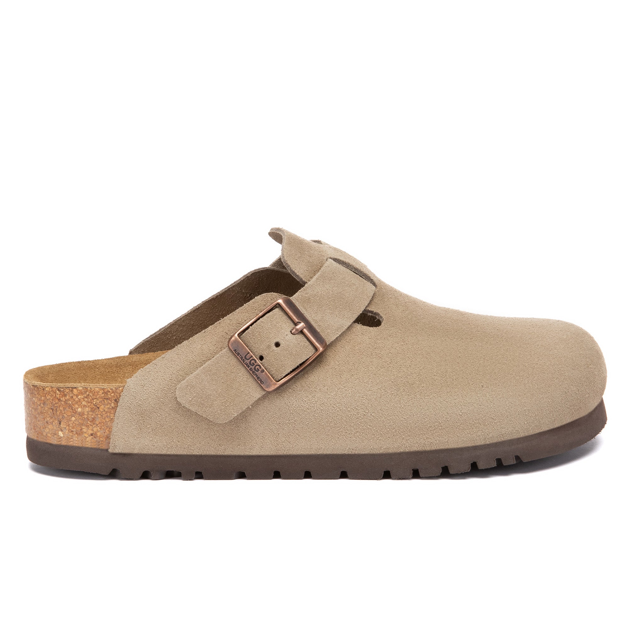EverUgg Birkie Suede Buckle Clogs slippers with leather straps and buckles, showcasing a cozy, stylish design.