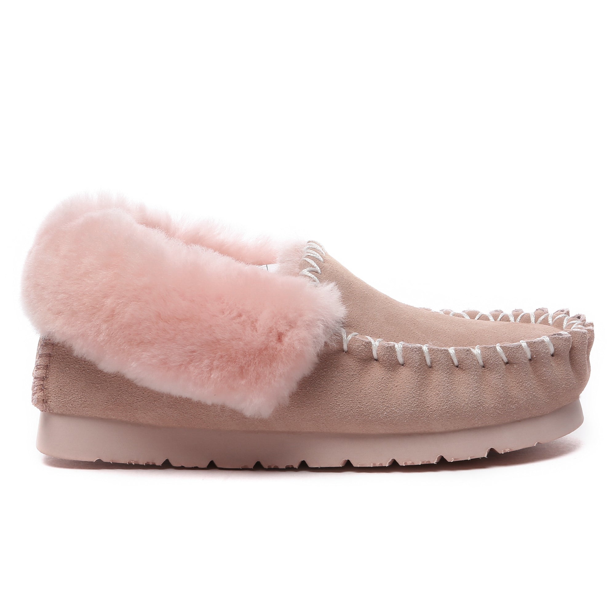 EverUgg traditional sheepskin moccasin slippers for women with soft, plush interior and suede exterior.