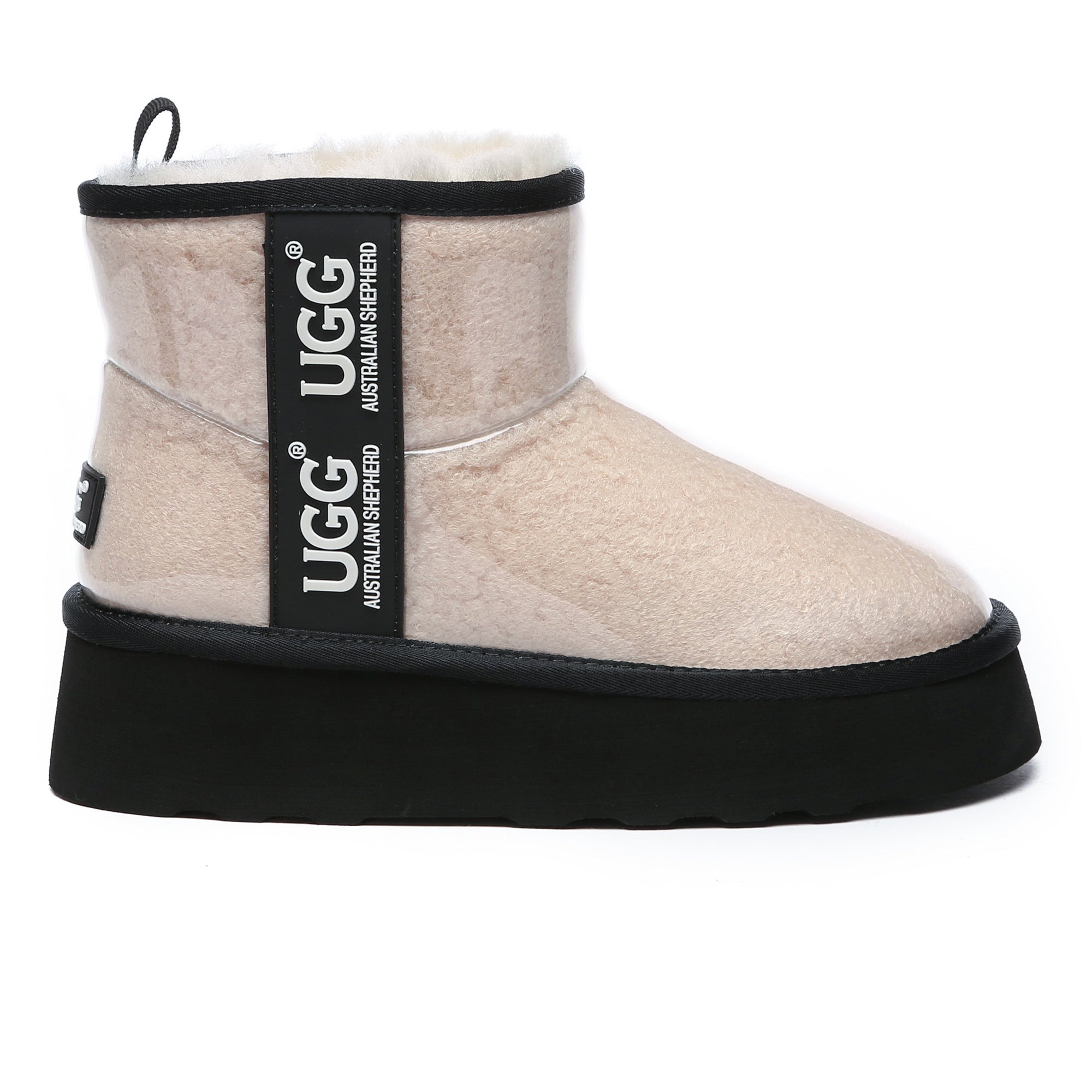 Clear platform UGG boots by EverUgg featuring transparent design and classic boot silhouette.