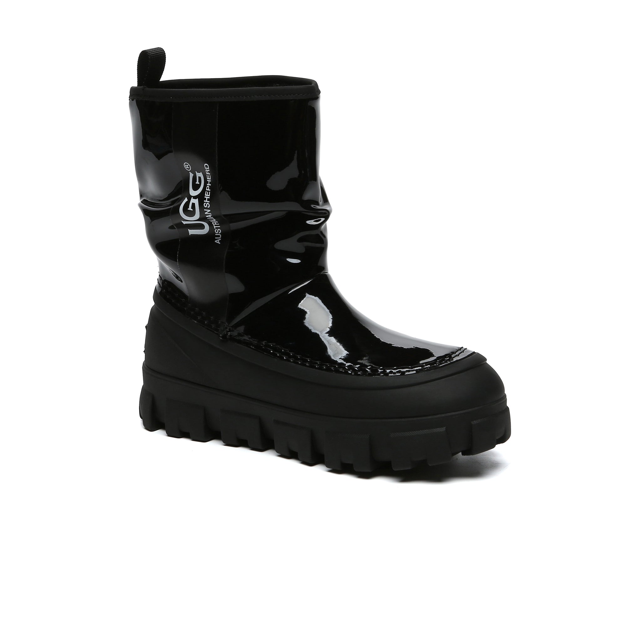 EverUgg chunky sheepskin rain boots with rugged soles and cozy sheepskin lining, perfect for wet weather.