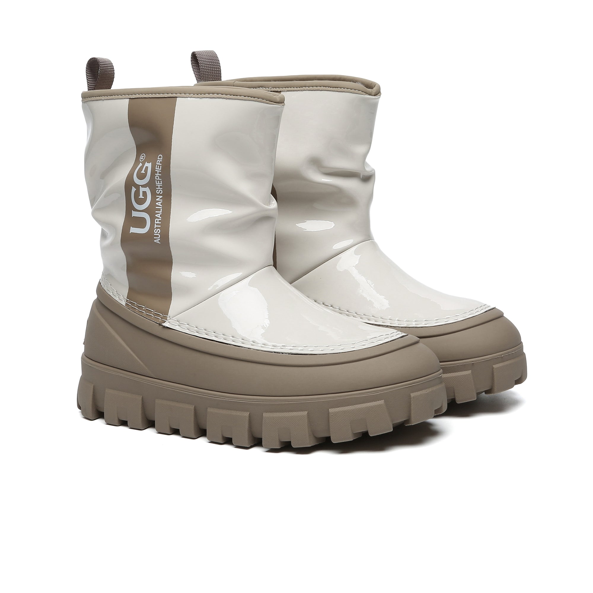EverUgg chunky sheepskin rain boots with thick soles and cozy sheepskin lining, suitable for wet weather.