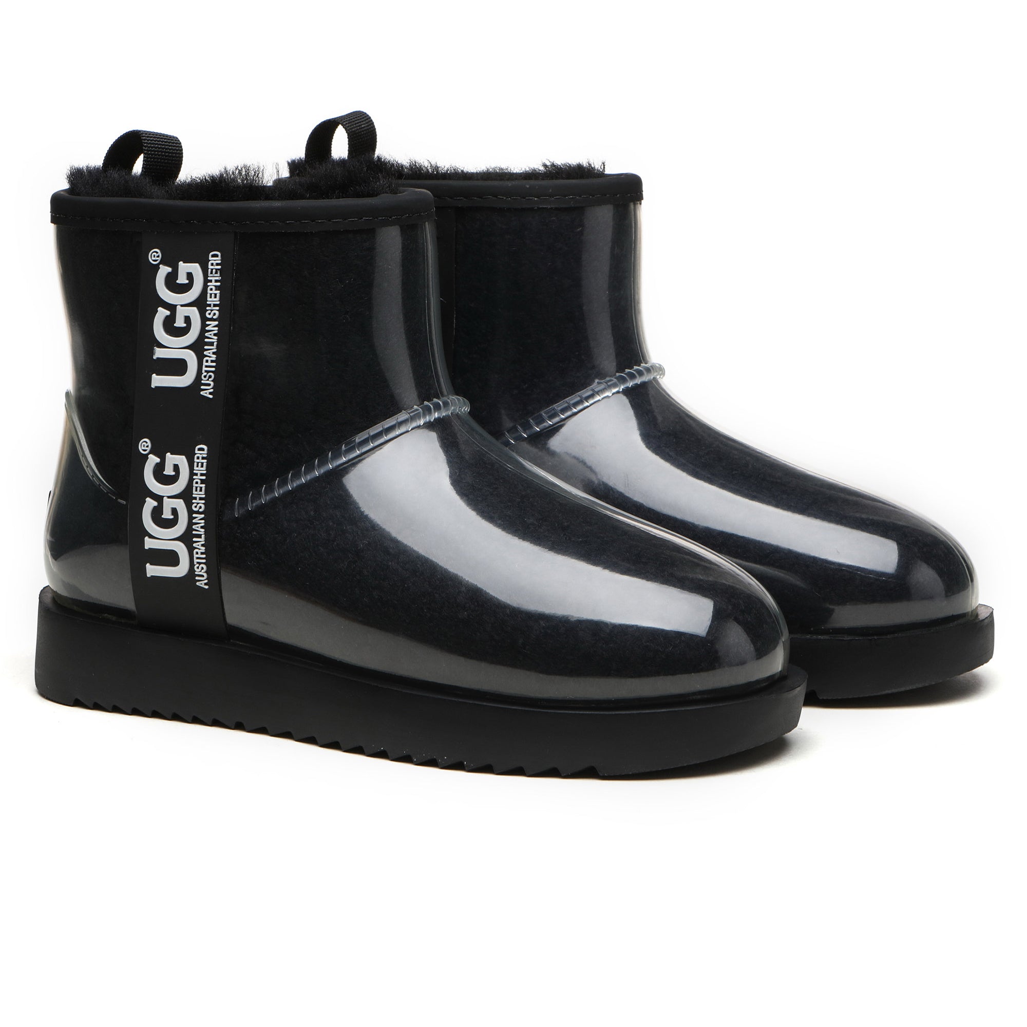 EverUgg coated mini classic rain boots, gumboots style, in black with a textured, waterproof exterior and rubber sole.