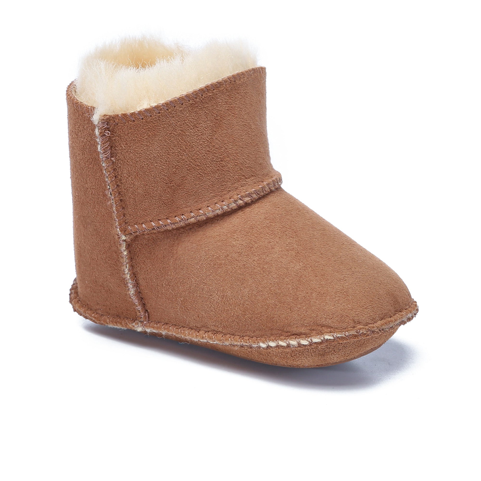 Kids UGG Eliana baby bootie by EverUgg featuring soft suede material and cozy sheepskin lining in a cute pink color.