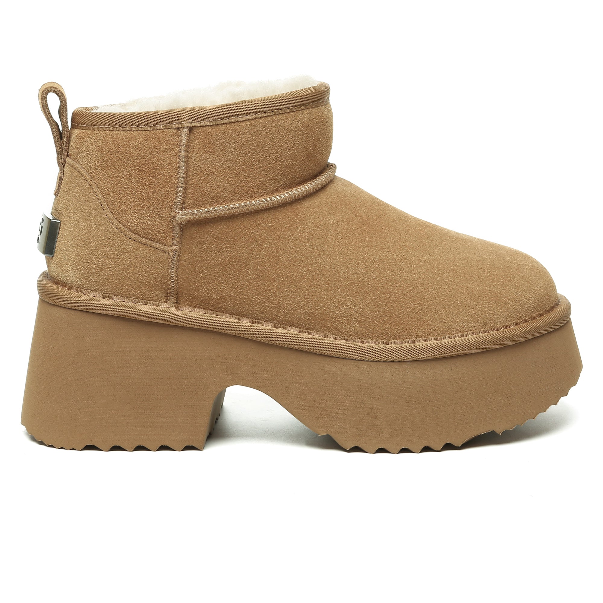 EverUgg UGG heel ultra mini platform boots for women, showcasing black leather shoes with chunky heels and rugged sole.