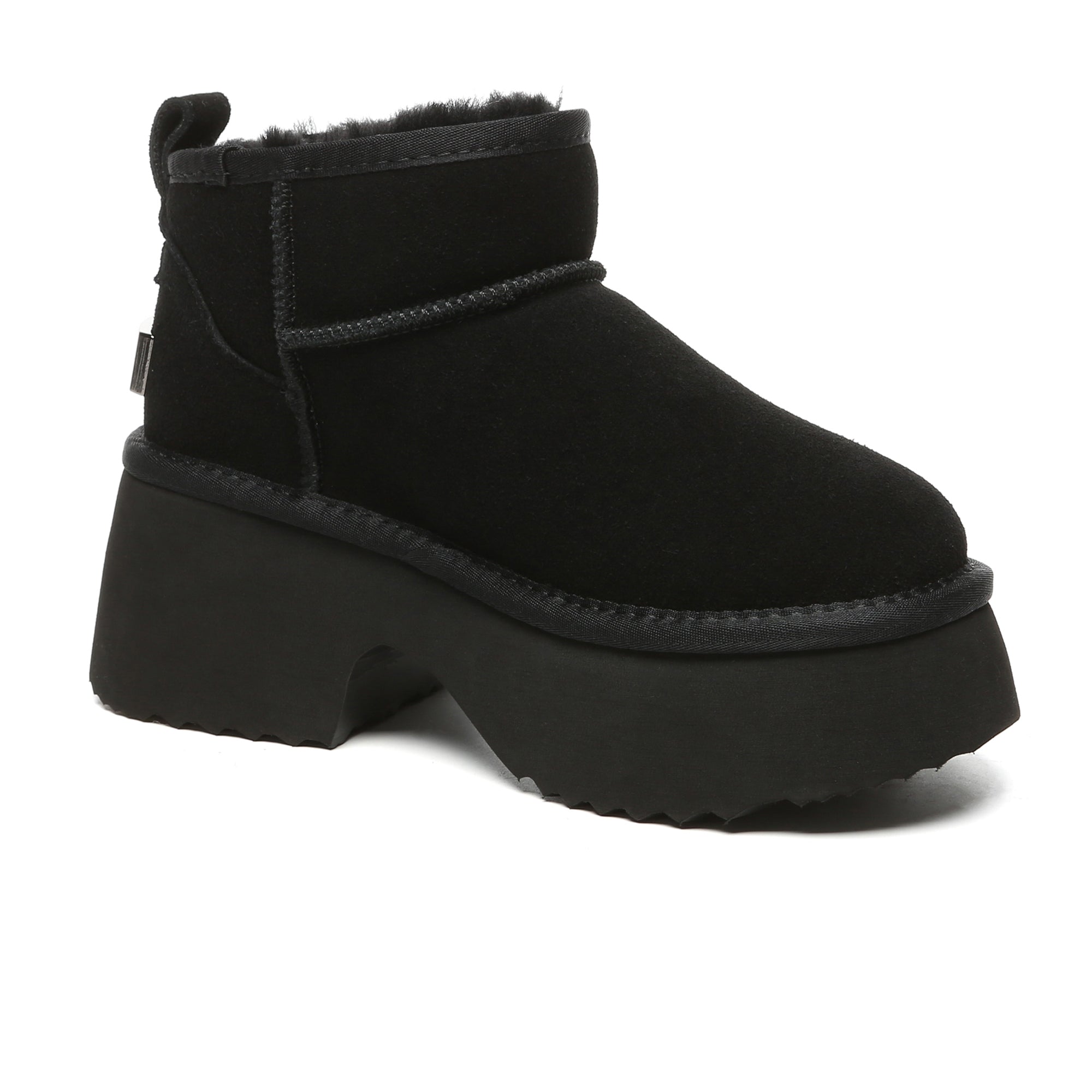 EverUgg UGG Heel Ultra Mini Platform Boots for women, showing black leather shoes with chunky heel and mini platform design.