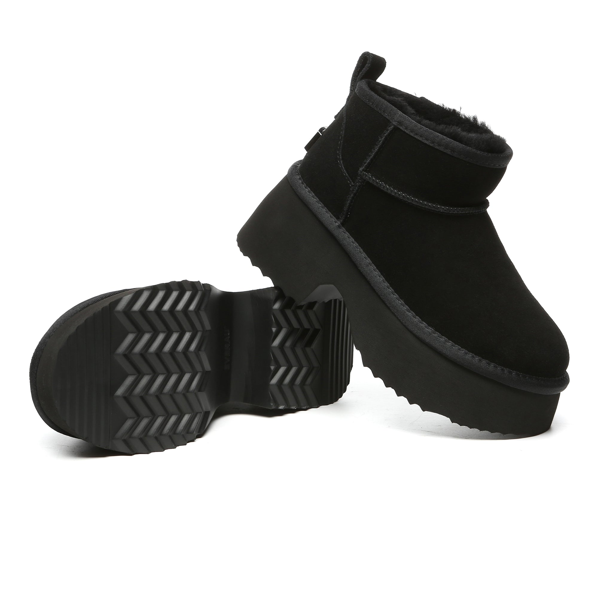 EverUgg UGG Heel Ultra Mini Platform Boots for women with black leather upper and chunky sole, stylish fashion footwear.