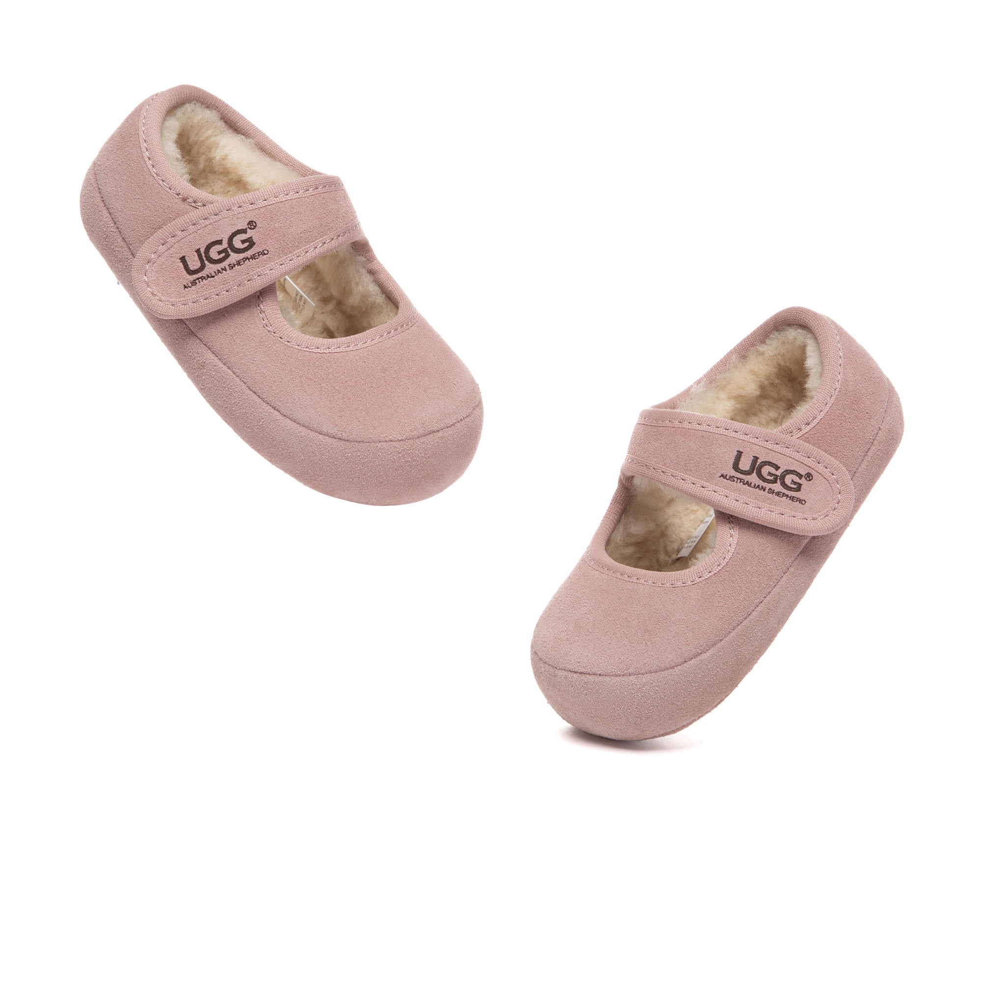 Kids UGG Millie Mary Jane toddler slippers by EverUgg, featuring soft pink suede with bow detail and cozy plush lining.