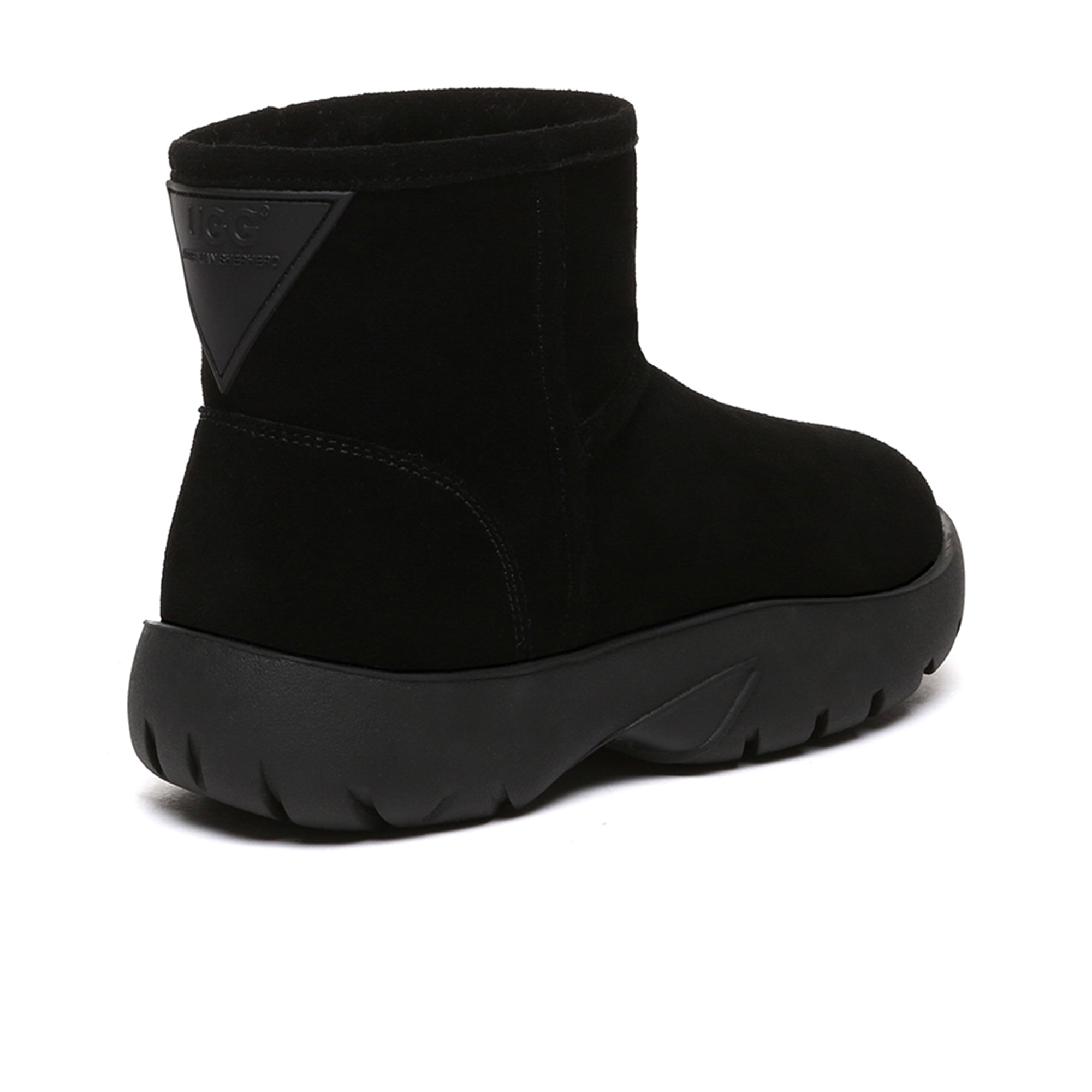 EverUgg UGG Mini Explorer Platform Boots, stylish black ankle boots with rugged soles and padded collars for comfort and durability.