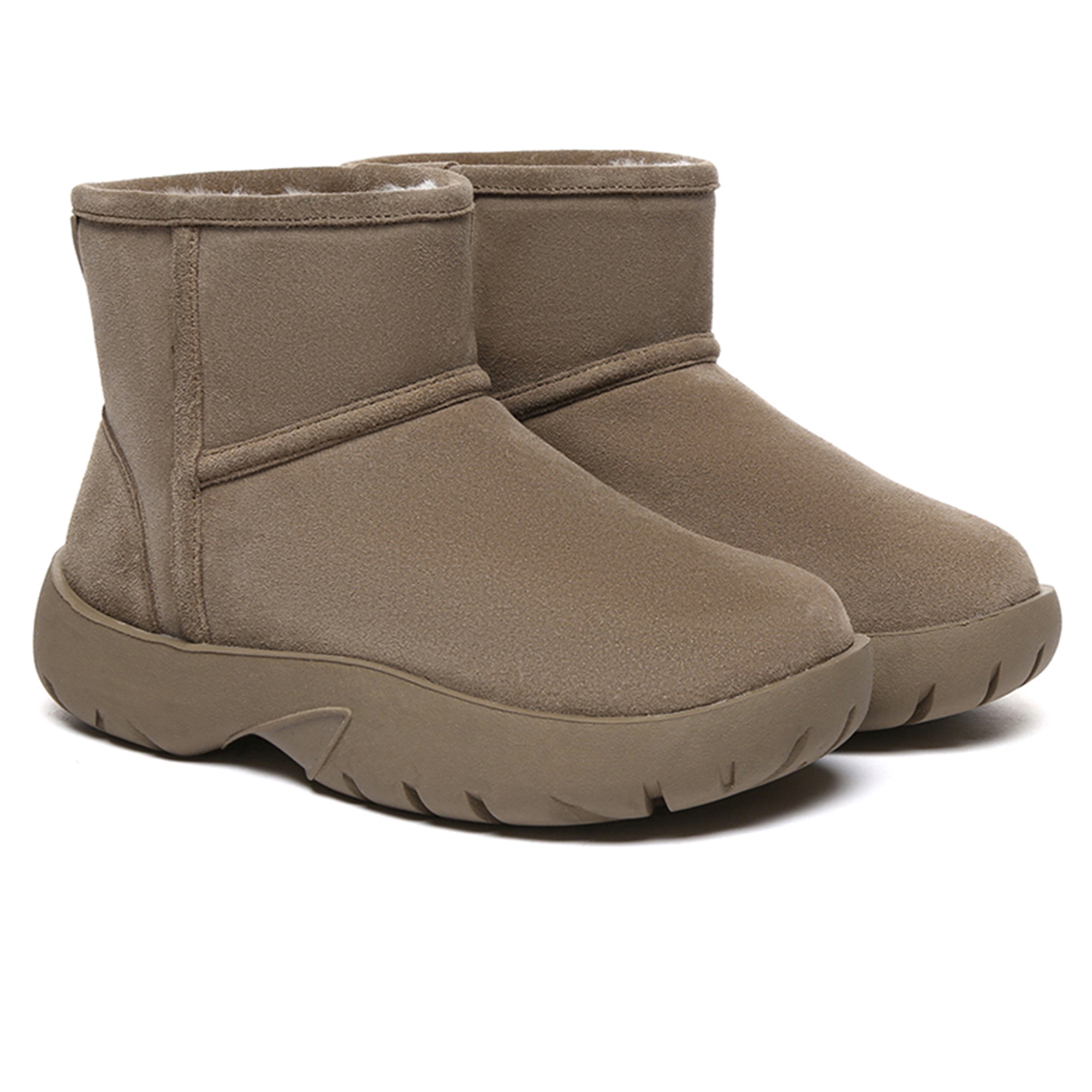 EverUgg UGG Mini Explorer Platform Boots showing tan suede uppers, rugged soles, and ankle height design.